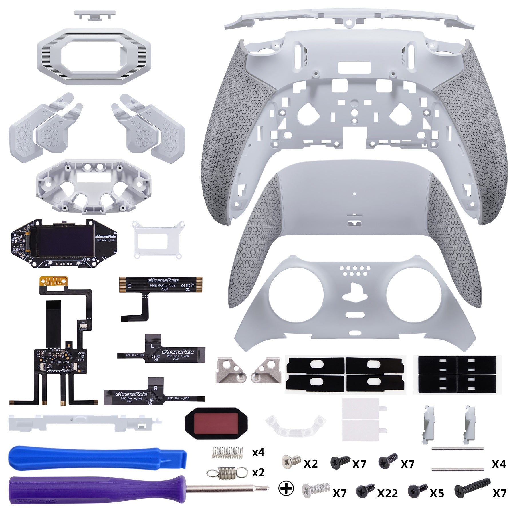 eXtremeRate BEYOND Back Paddles Kit with OLED Display & Redesigned Ergonomic Grips for PS5 Edge Controller - Rubberized White & Gray eXtremeRate