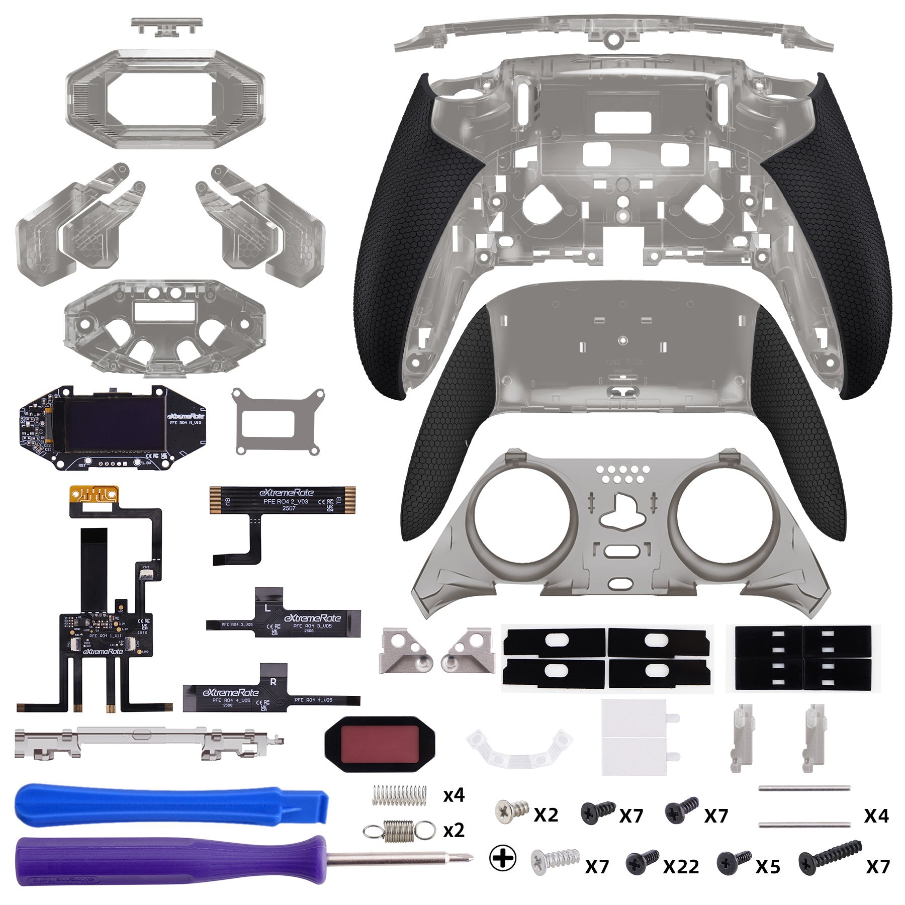 eXtremeRate BEYOND Back Paddles Kit with OLED Display & Redesigned Ergonomic Grips for PS5 Edge Controller - Rubberized Clear & Black eXtremeRate