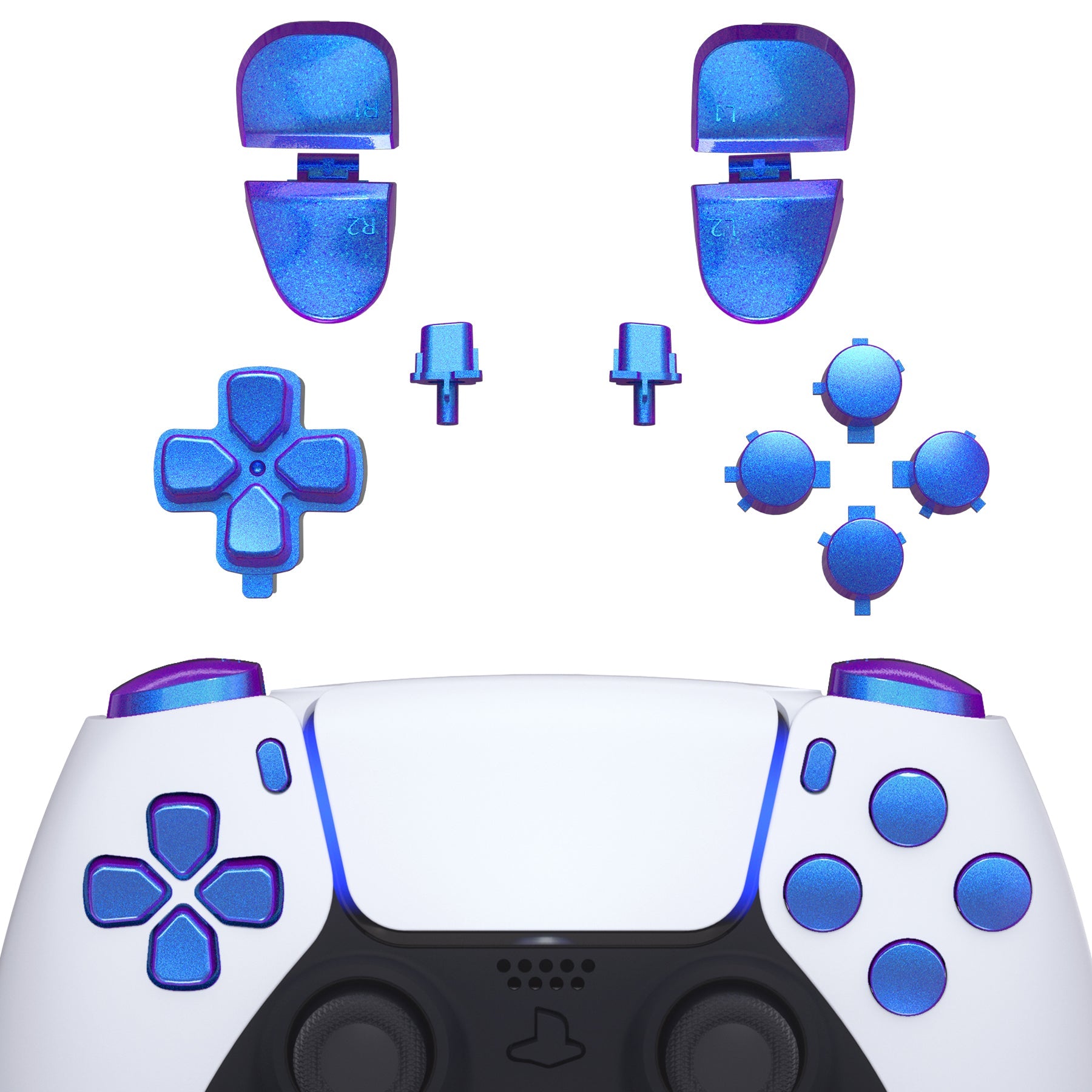 eXtremeRate Replacement Full Set Buttons Compatible with PS5 Controller BDM-030/040/050/060 - Chameleon Purple Blue eXtremeRate