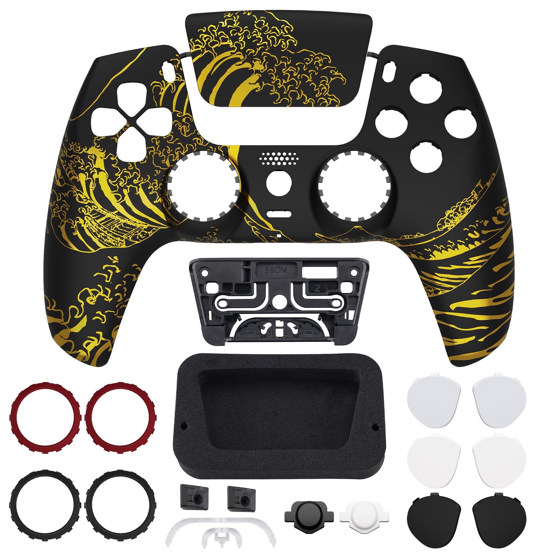 eXtremeRate LUNA Redesigned Replacement Front Shell with Touchpad Compatible with PS5 Controller BDM-010/020/030/040/050/060 - The Great GOLDEN Wave Off Kanagawa - Black eXtremeRate