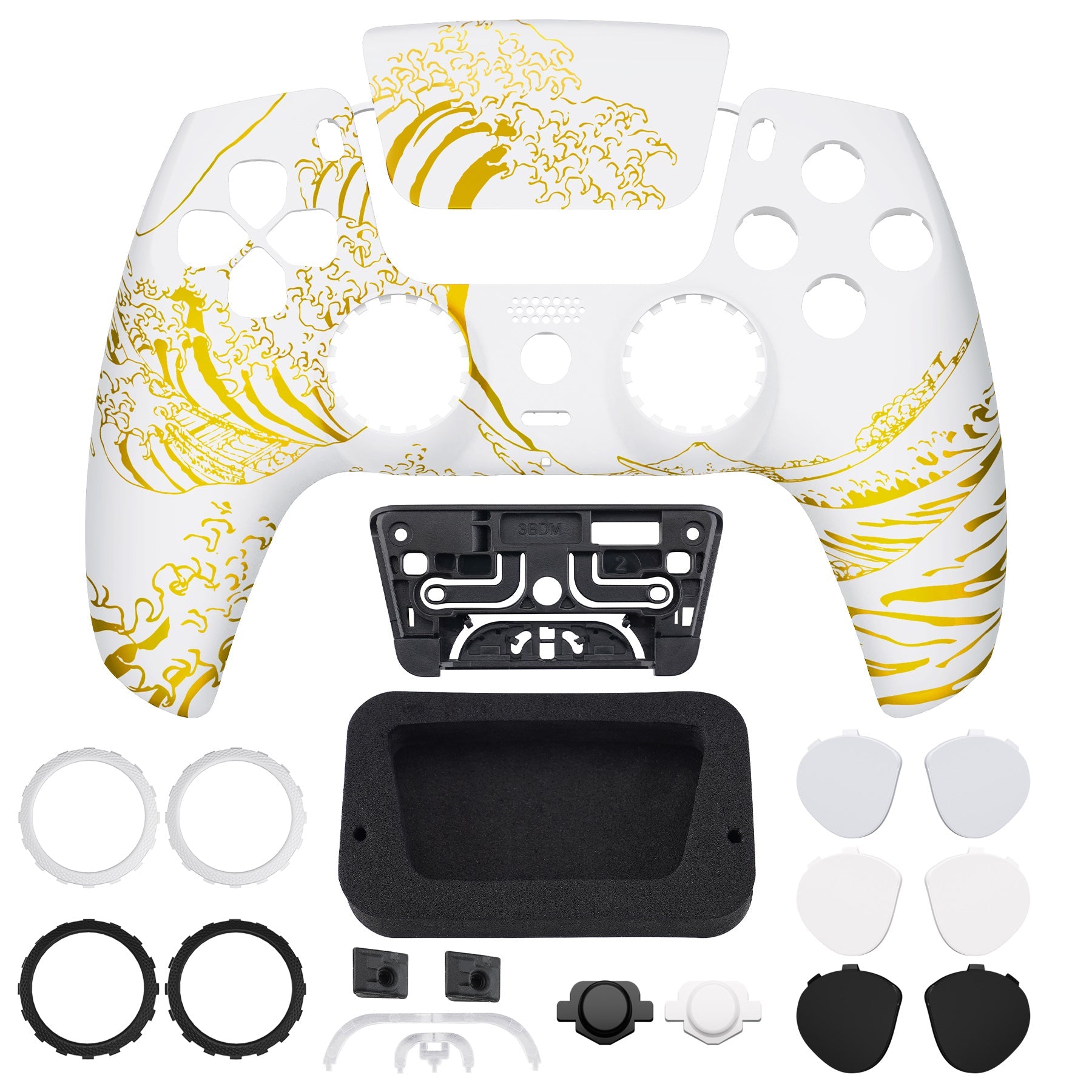 eXtremeRate LUNA Redesigned Replacement Front Shell with Touchpad Compatible with PS5 Controller BDM-010/020/030/040/050 - The Great GOLDEN Wave Off Kanagawa - White eXtremeRate