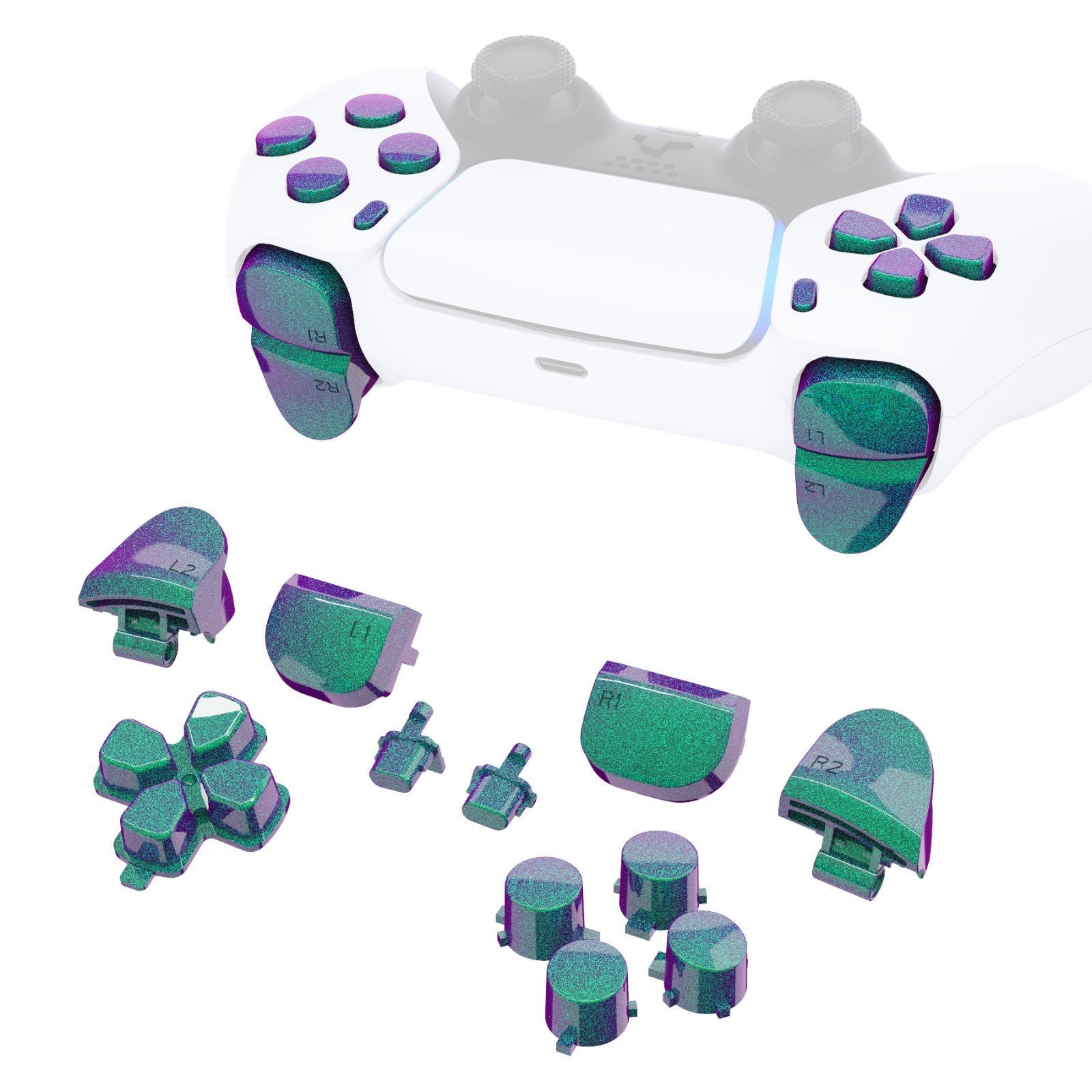 eXtremeRate Replacement Full Set Buttons Compatible with PS5 Controller BDM-010/020 - Chameleon Green Purple eXtremeRate
