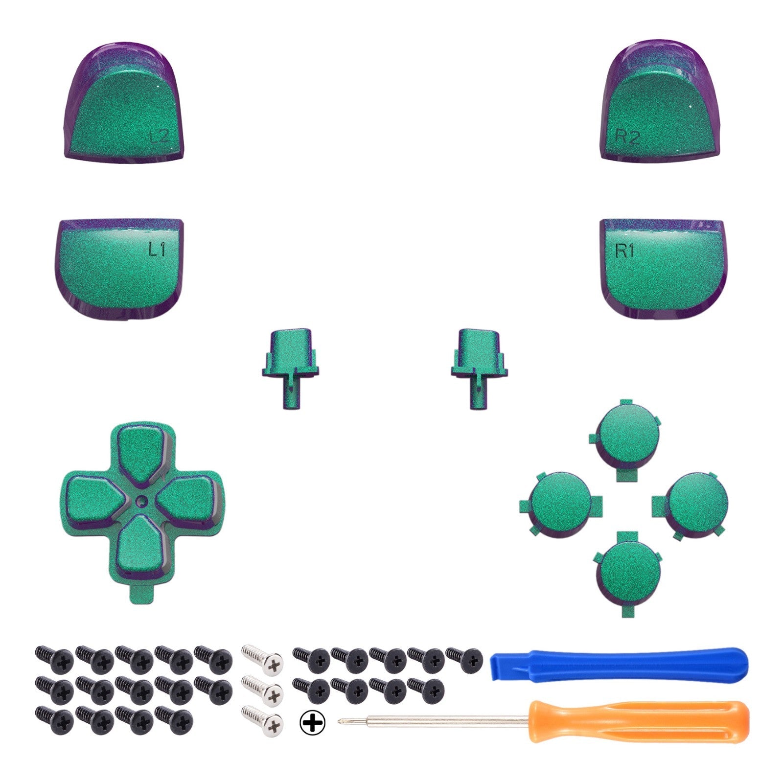 eXtremeRate Replacement Full Set Buttons Compatible with PS5 Controller BDM-010/020 - Chameleon Green Purple eXtremeRate