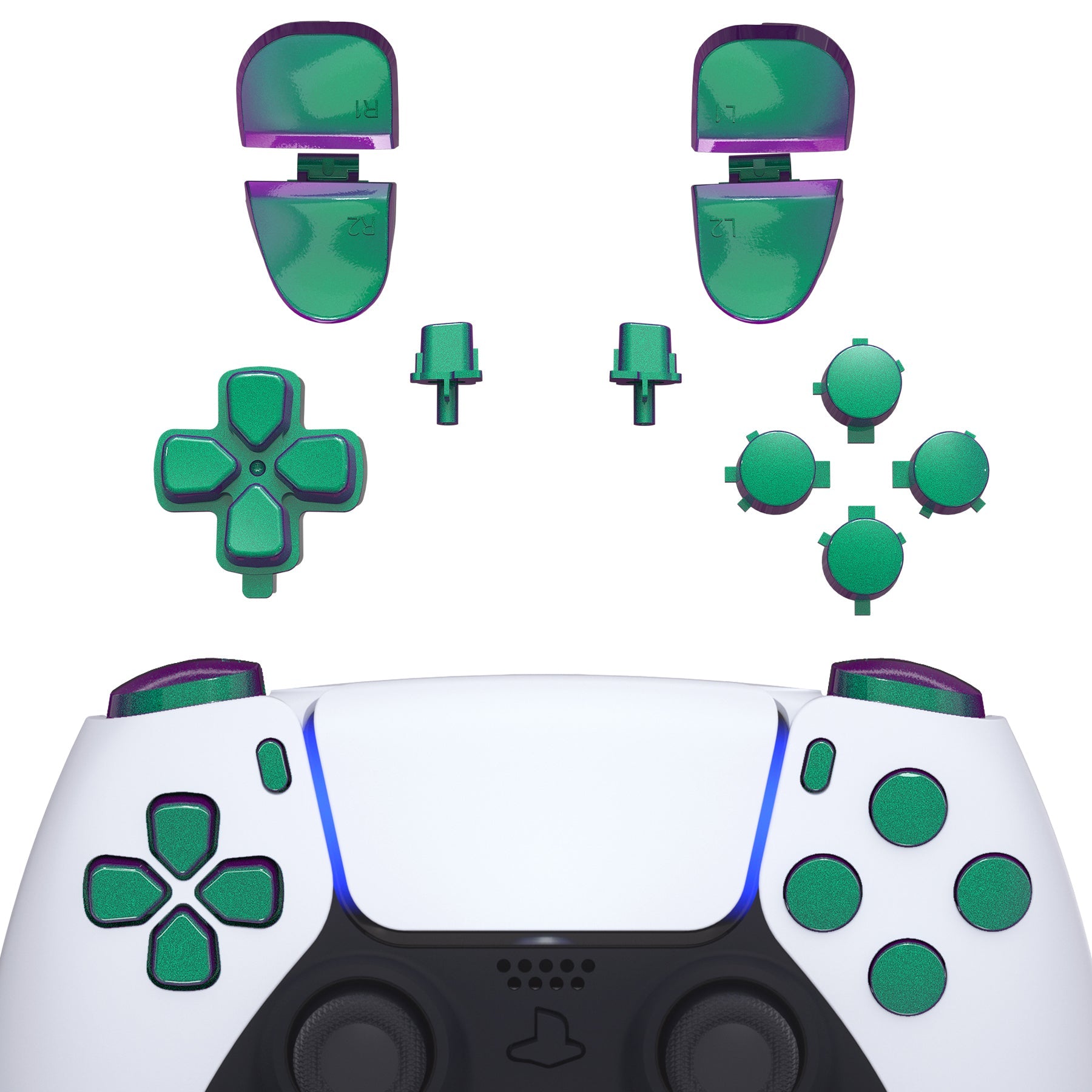 eXtremeRate Replacement Full Set Buttons Compatible with PS5 Controller BDM-030/040/050/060 - Chameleon Green Purple eXtremeRate