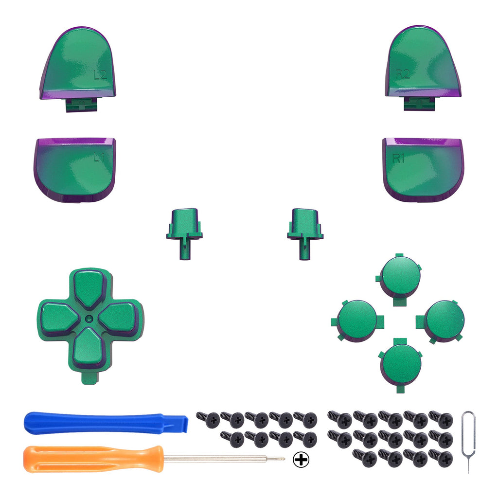 eXtremeRate Replacement Full Set Buttons Compatible with PS5 Controller BDM-030/040/050/060 - Chameleon Green Purple eXtremeRate