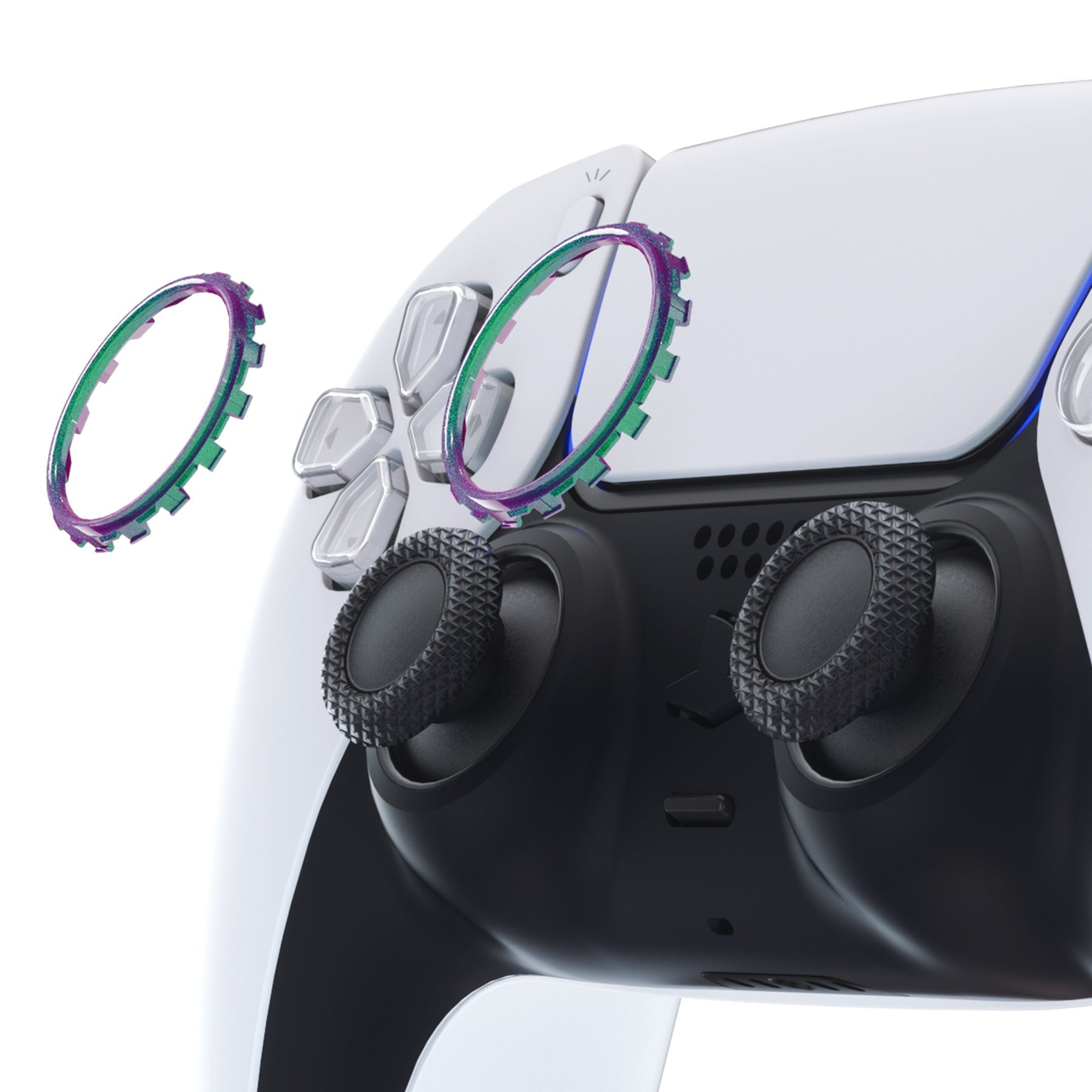 eXtremeRate Custom Replacement Accent Rings for PS5 Controller - Chameleon Green Purple Glossy eXtremeRate
