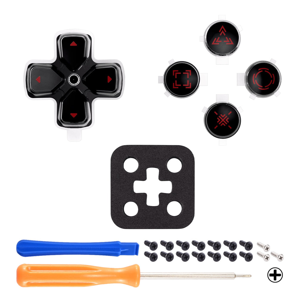 eXtremeRate Replacement Custom Three-Tone Dpad Action Buttons with Redesigned Symbols for PS5 Controller - Black & Clear & Carmine Red eXtremeRate