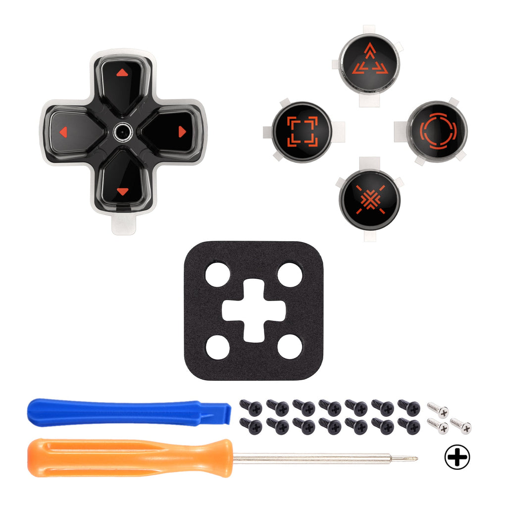 eXtremeRate Replacement Custom Three-Tone Dpad Action Buttons with Redesigned Symbols for PS5 Controller - Black & Clear & Orange eXtremeRate
