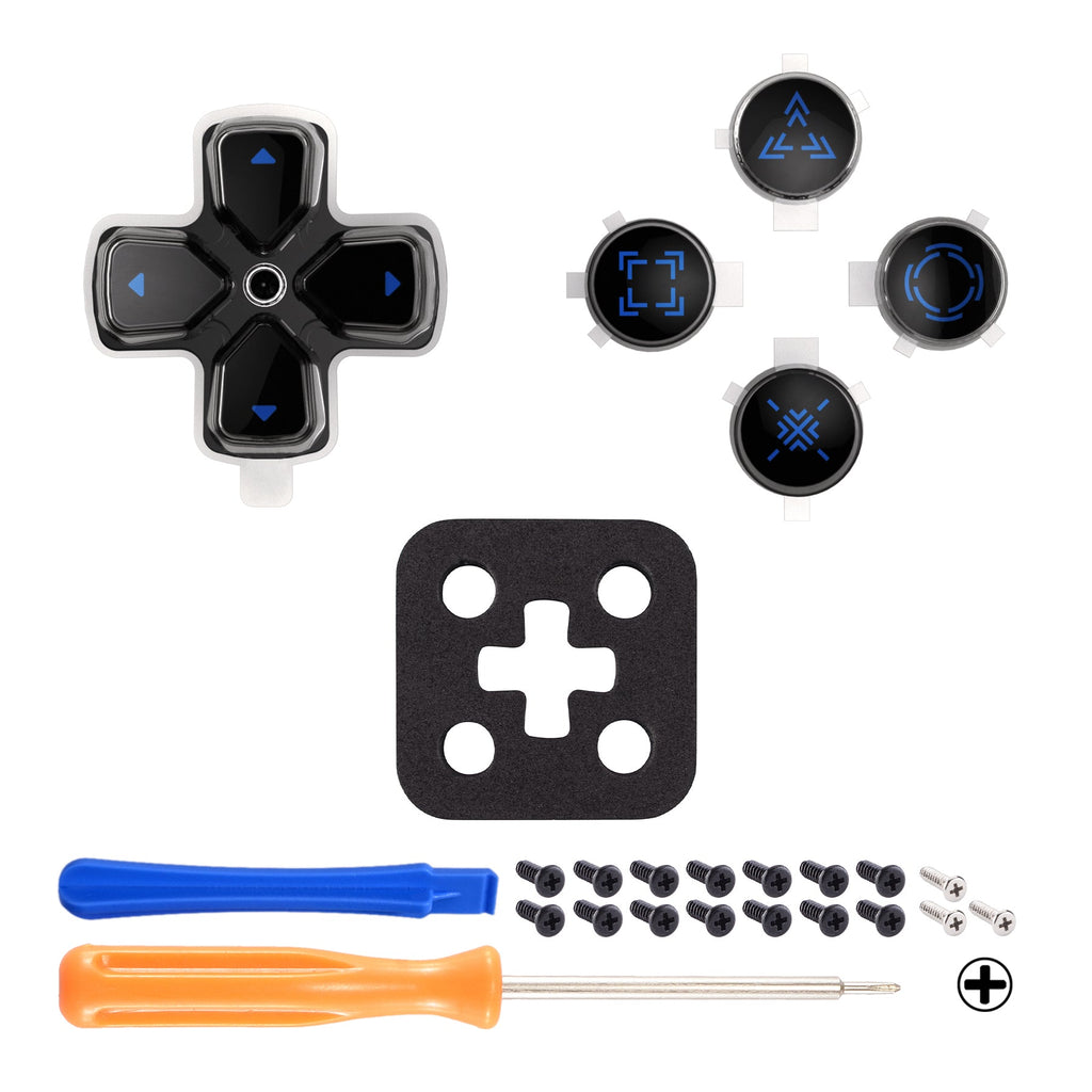 eXtremeRate Replacement Custom Three-Tone Dpad Action Buttons with Redesigned Symbols for PS5 Controller - Black & Clear & Blue eXtremeRate