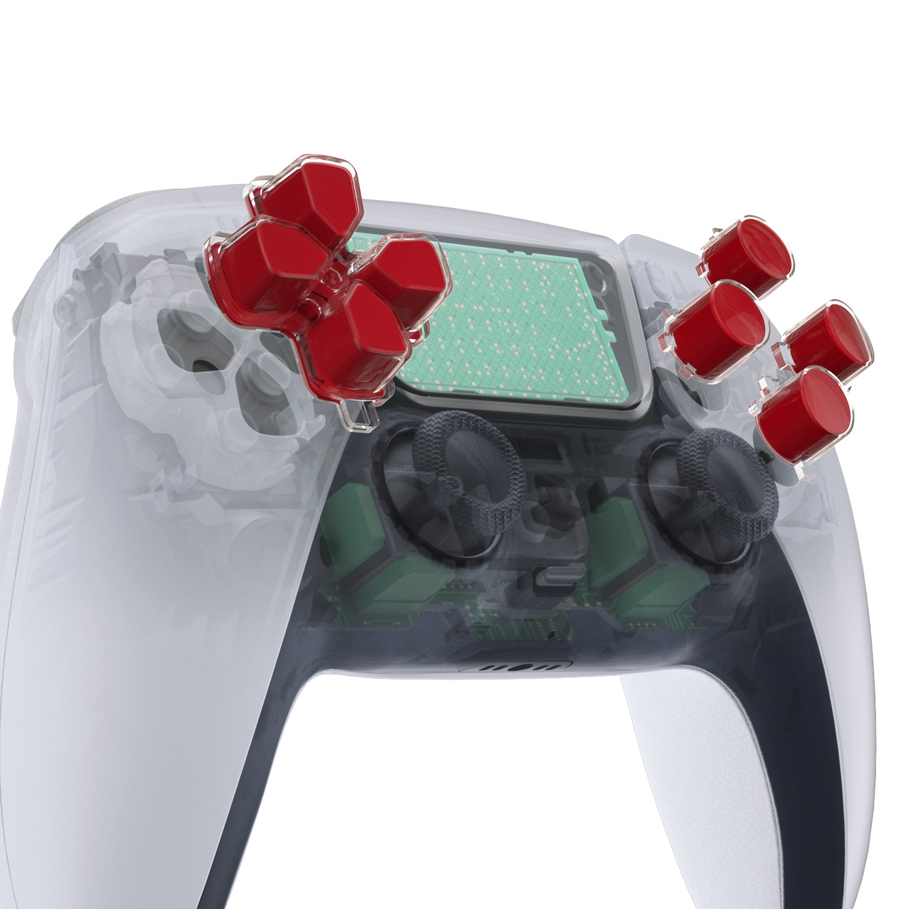 eXtremeRate Replacement No Letter Imprint Two-Tone Dpad Action Buttons for PS5 Controller - Carmine Red & Clear eXtremeRate