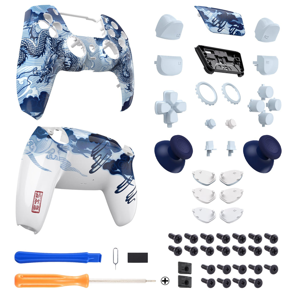 eXtremeRate LUNA Redesigned Replacement Full Set Shells with Buttons Compatible with PS5 Controller BDM-030/040/050 - Porcelain Dragon eXtremeRate