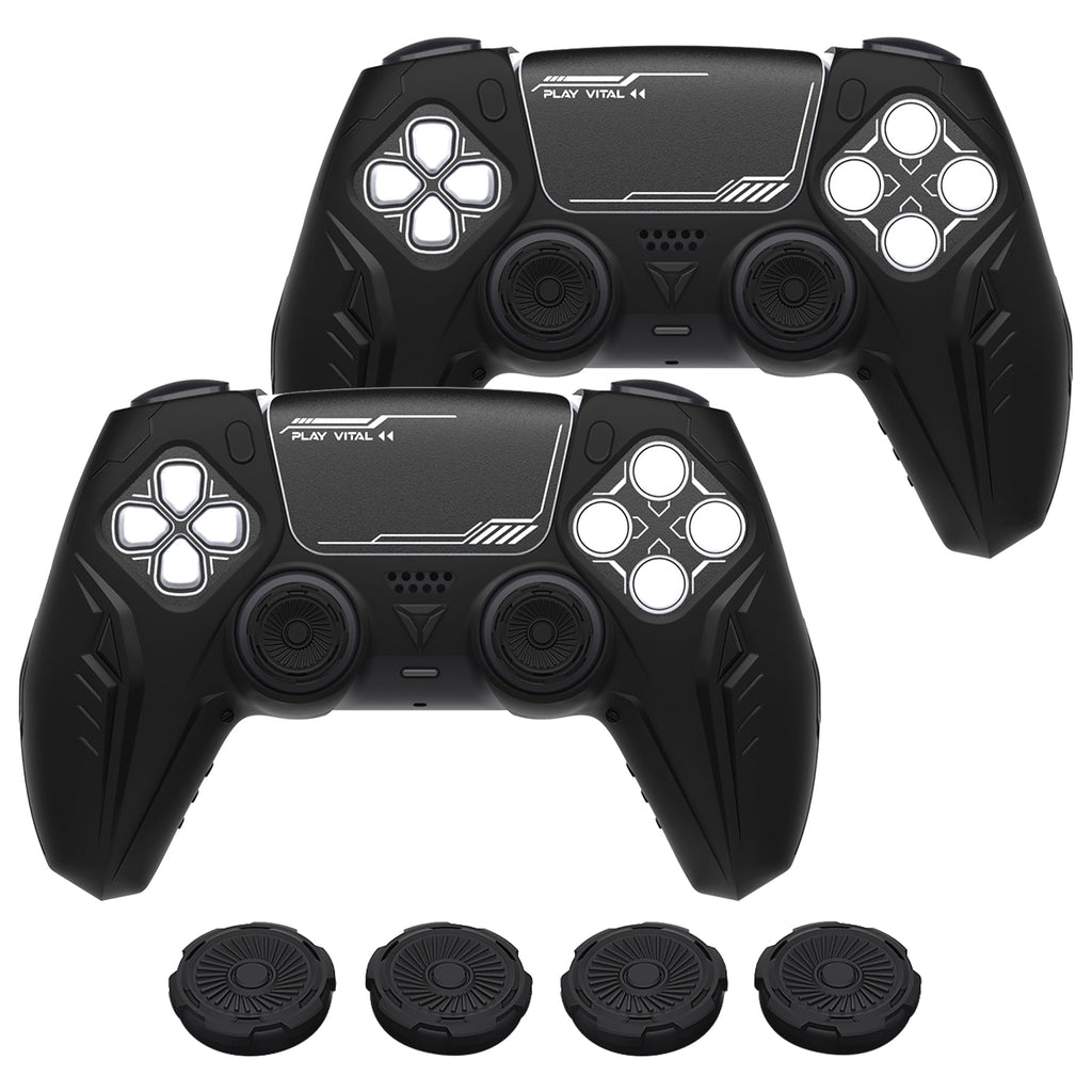 PlayVital 2 Set Futuristic CyberMech Design Silicone Case with Thumb Grips for PS5 Wireless Controller, Compatible with PS5 Official Charging Dock - Black PlayVital