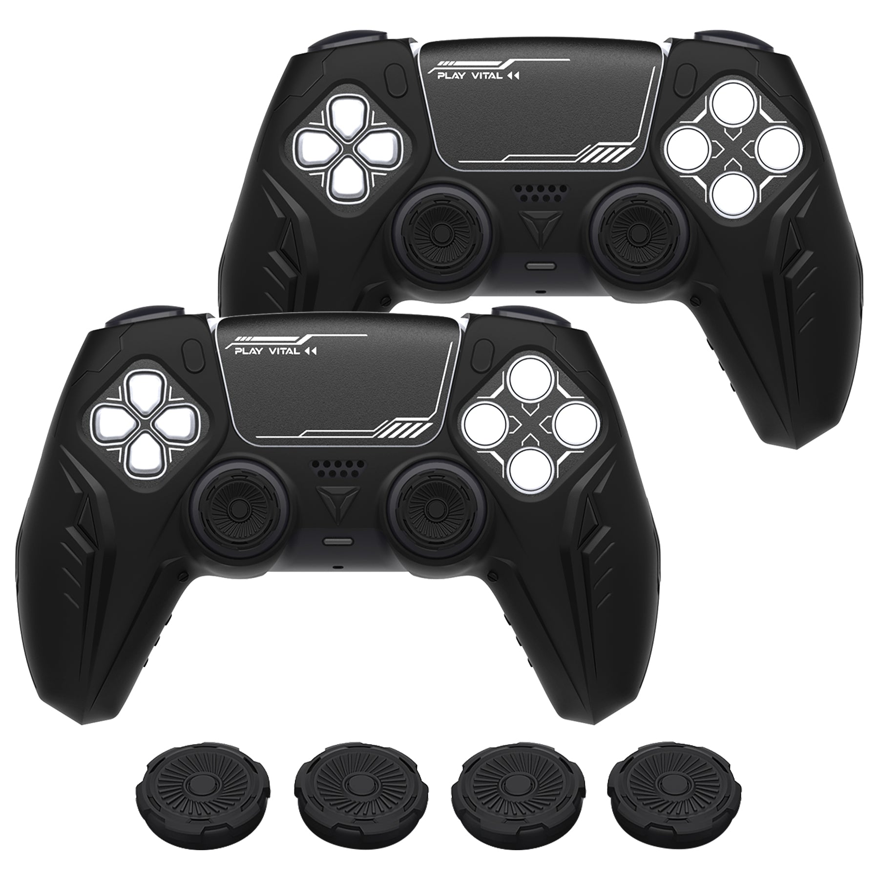 PlayVital 2 Set Futuristic CyberMech Design Silicone Case with Thumb Grips for PS5 Wireless Controller, Compatible with PS5 Official Charging Dock - Black PlayVital