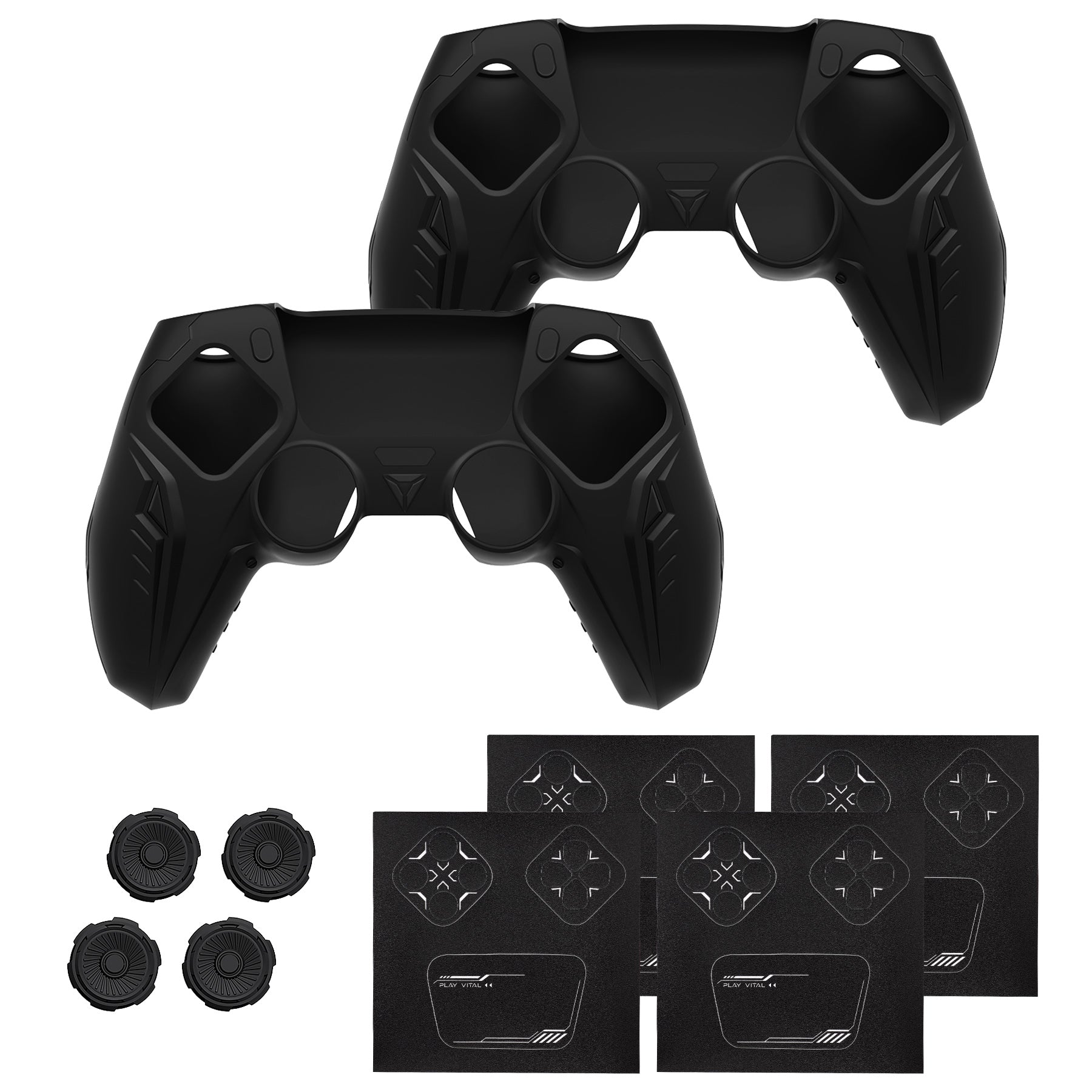 PlayVital 2 Set Futuristic CyberMech Design Silicone Case with Thumb Grips for PS5 Wireless Controller, Compatible with PS5 Official Charging Dock - Black PlayVital