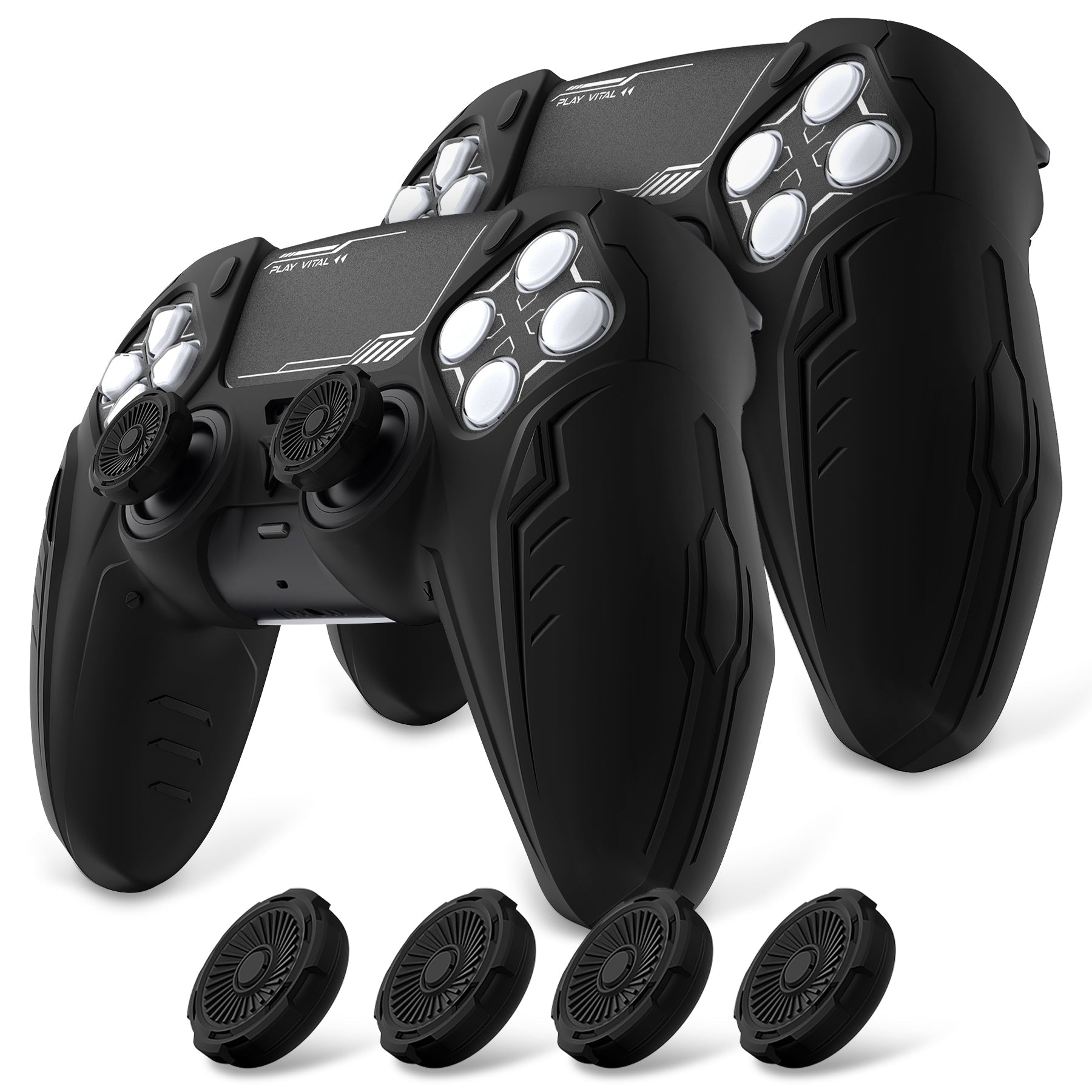 PlayVital 2 Set Futuristic CyberMech Design Silicone Case with Thumb Grips for PS5 Wireless Controller, Compatible with PS5 Official Charging Dock - Black PlayVital