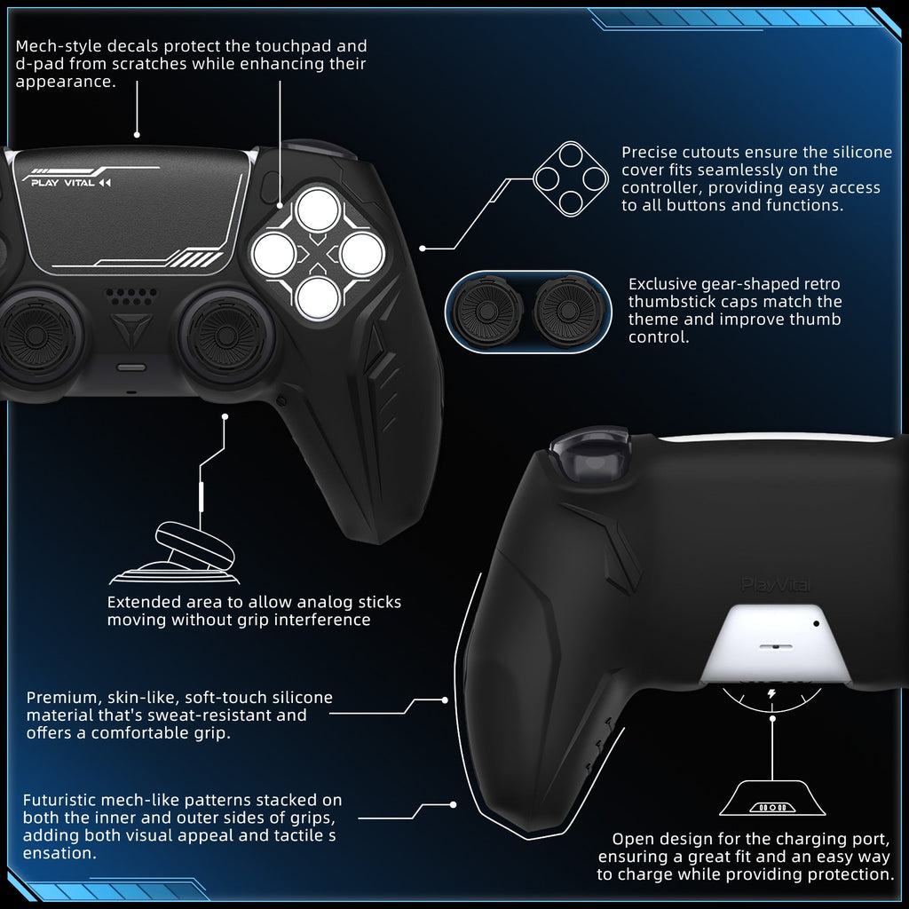 PlayVital 2 Set Futuristic CyberMech Design Silicone Case with Thumb Grips for PS5 Wireless Controller, Compatible with PS5 Official Charging Dock - Black PlayVital