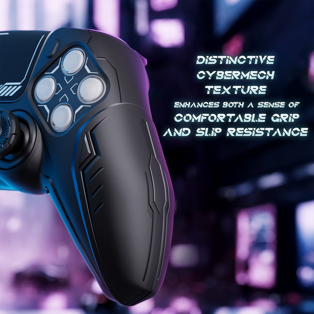 PlayVital 2 Set Futuristic CyberMech Design Silicone Case with Thumb Grips for PS5 Wireless Controller, Compatible with PS5 Official Charging Dock - Black PlayVital
