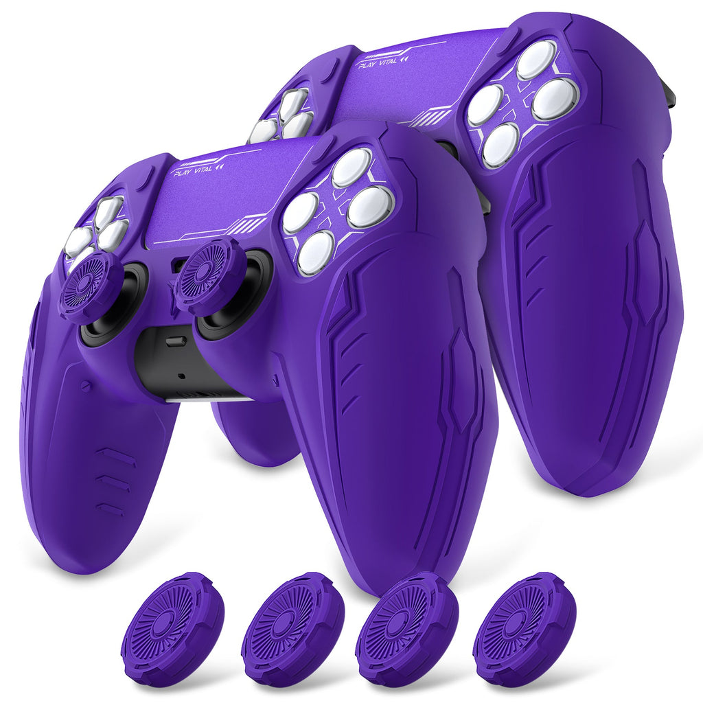PlayVital 2 Set Futuristic CyberMech Design Silicone Case with Thumb Grips for PS5 Wireless Controller, Compatible with PS5 Official Charging Dock - Purple PlayVital