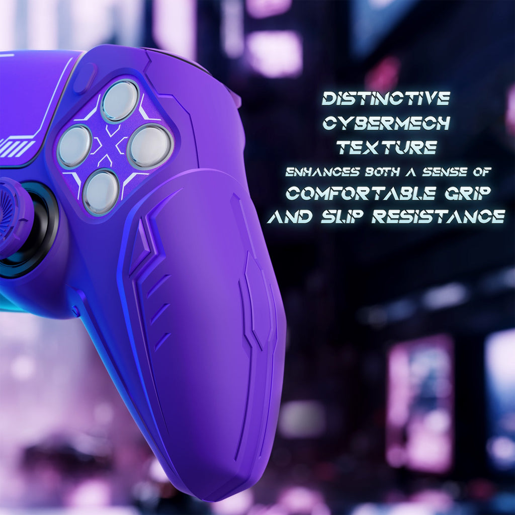 PlayVital 2 Set Futuristic CyberMech Design Silicone Case with Thumb Grips for PS5 Wireless Controller, Compatible with PS5 Official Charging Dock - Purple PlayVital