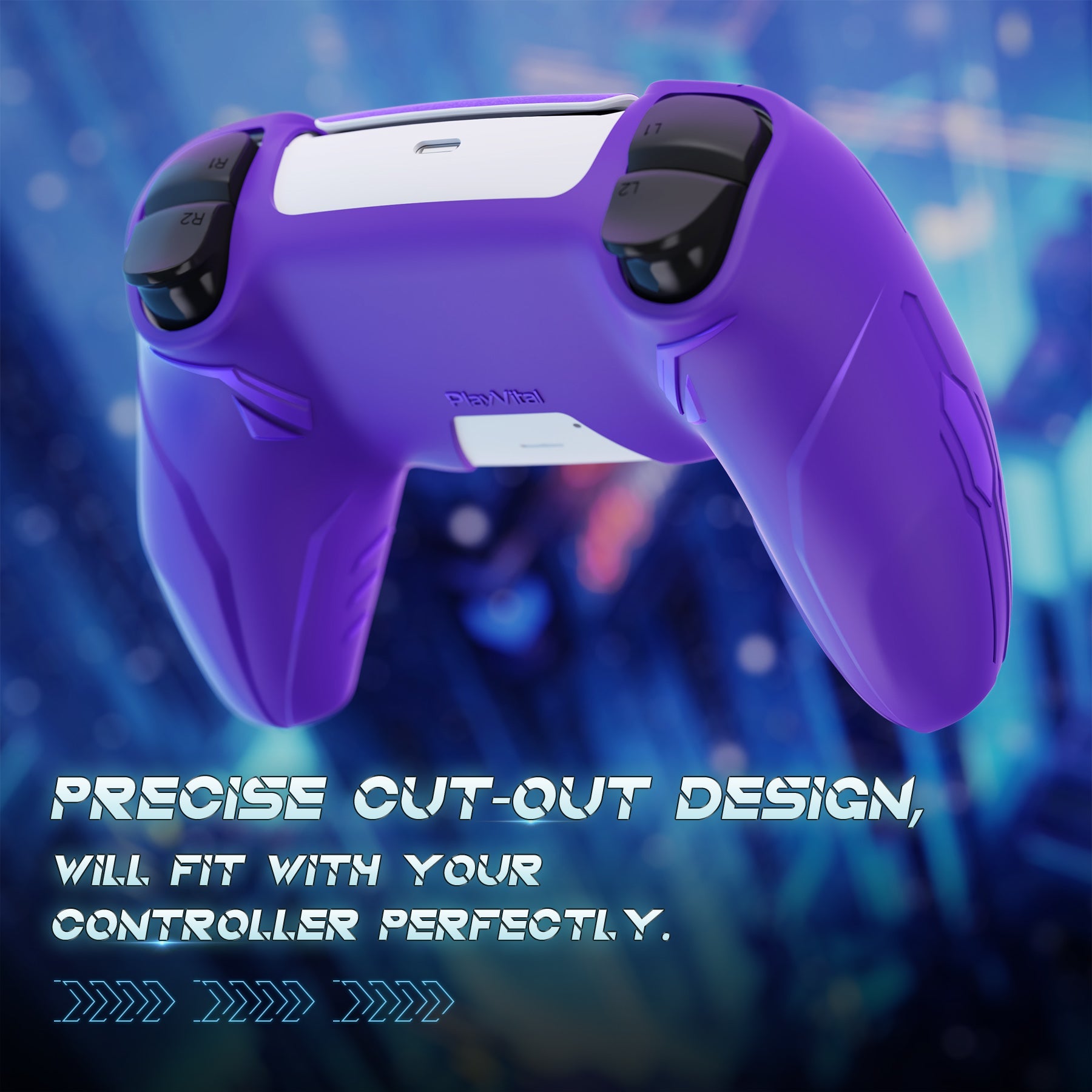 PlayVital 2 Set Futuristic CyberMech Design Silicone Case with Thumb Grips for PS5 Wireless Controller, Compatible with PS5 Official Charging Dock - Purple PlayVital