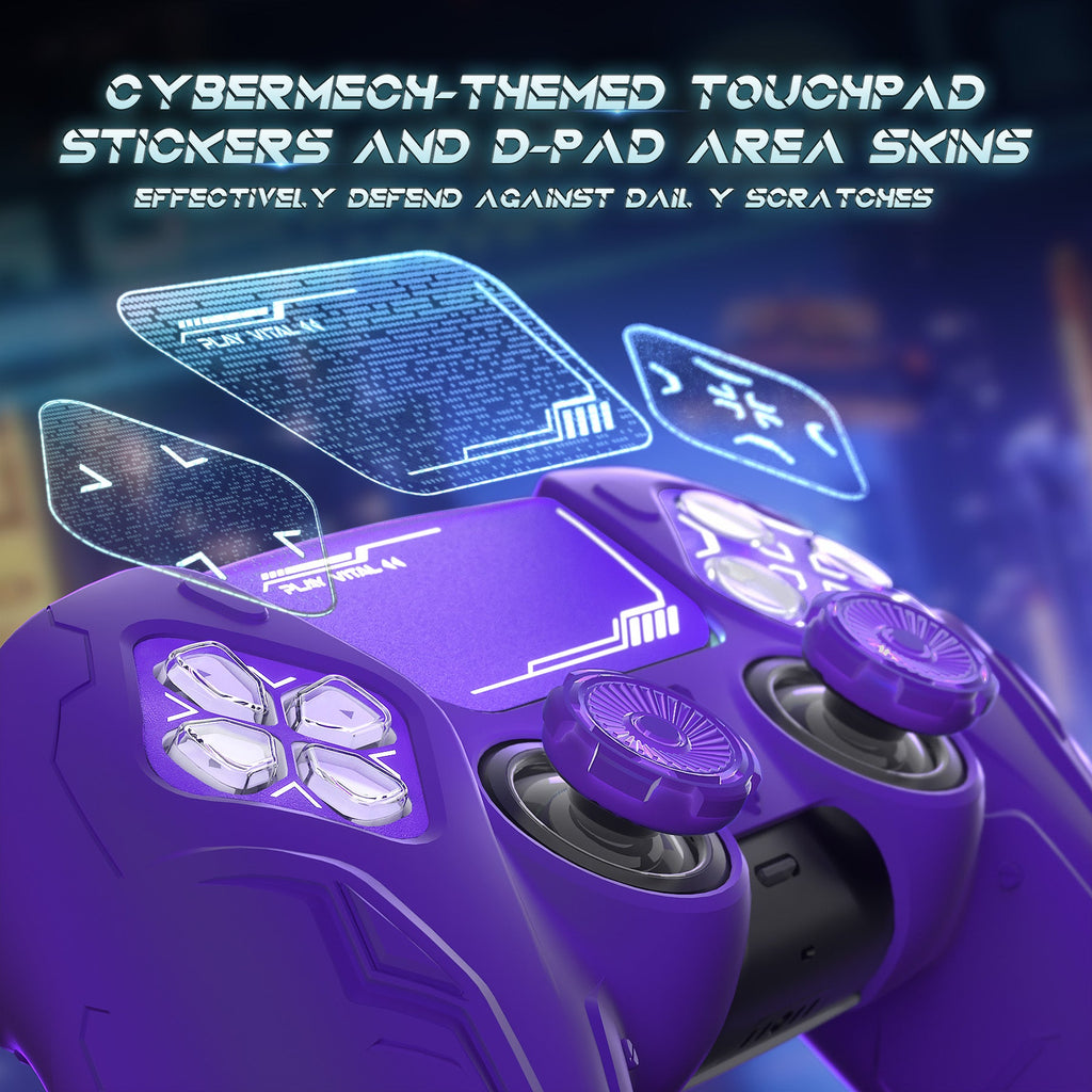 PlayVital 2 Set Futuristic CyberMech Design Silicone Case with Thumb Grips for PS5 Wireless Controller, Compatible with PS5 Official Charging Dock - Purple PlayVital