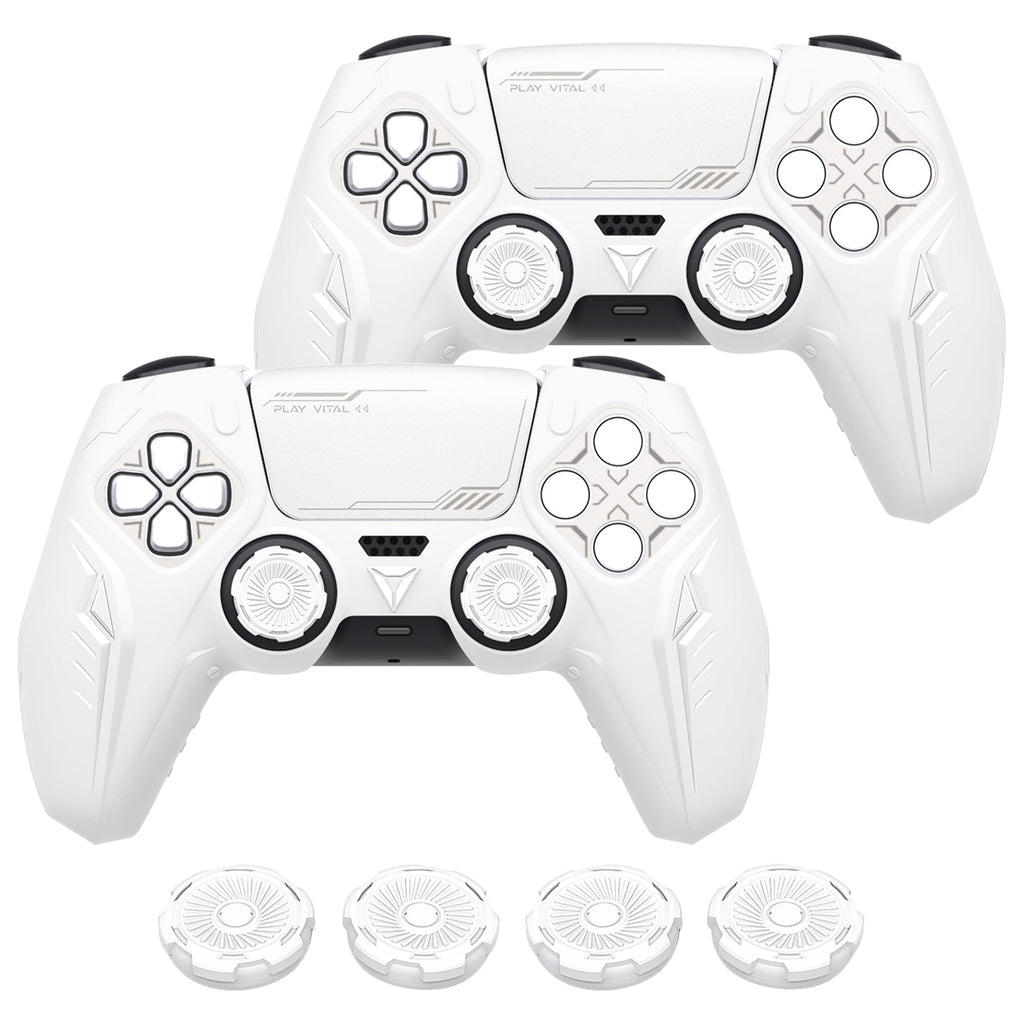 PlayVital 2 Set Futuristic CyberMech Design Silicone Case with Thumb Grips for PS5 Wireless Controller, Compatible with PS5 Official Charging Dock - White PlayVital