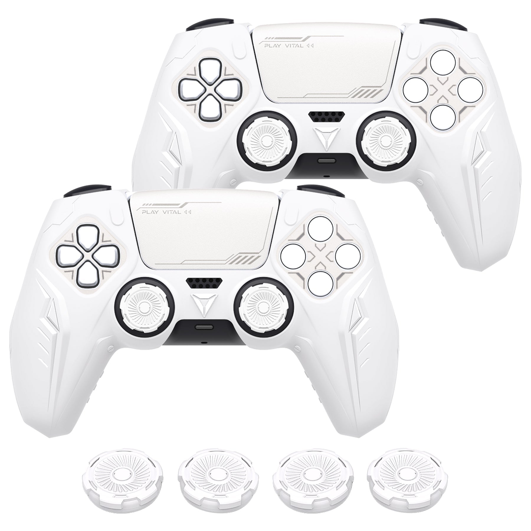 PlayVital 2 Set Futuristic CyberMech Design Silicone Case with Thumb Grips for PS5 Wireless Controller, Compatible with PS5 Official Charging Dock - White PlayVital