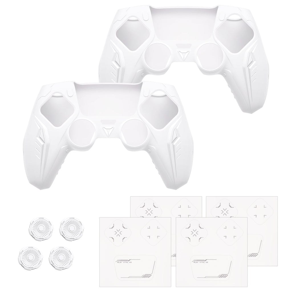 PlayVital 2 Set Futuristic CyberMech Design Silicone Case with Thumb Grips for PS5 Wireless Controller, Compatible with PS5 Official Charging Dock - White PlayVital