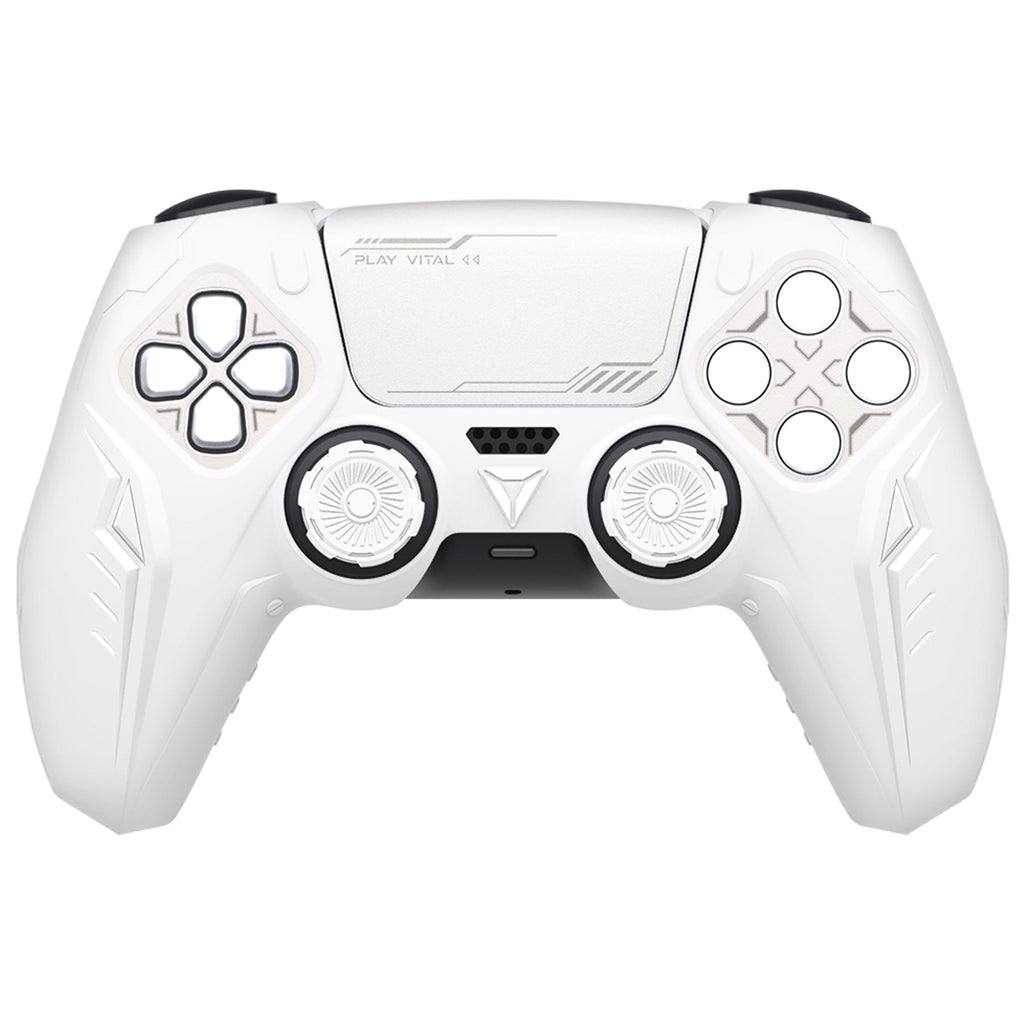 PlayVital 2 Set Futuristic CyberMech Design Silicone Case with Thumb Grips for PS5 Wireless Controller, Compatible with PS5 Official Charging Dock - White PlayVital