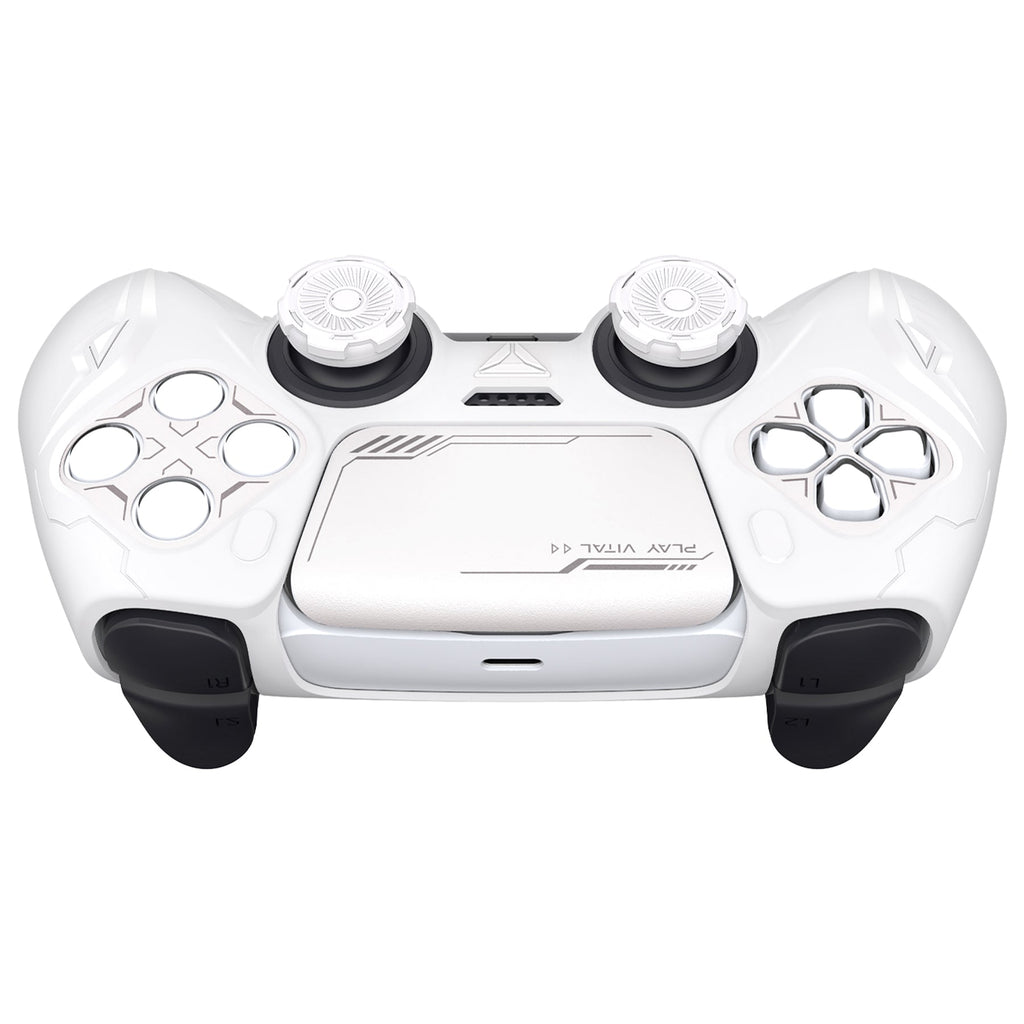 PlayVital 2 Set Futuristic CyberMech Design Silicone Case with Thumb Grips for PS5 Wireless Controller, Compatible with PS5 Official Charging Dock - White PlayVital