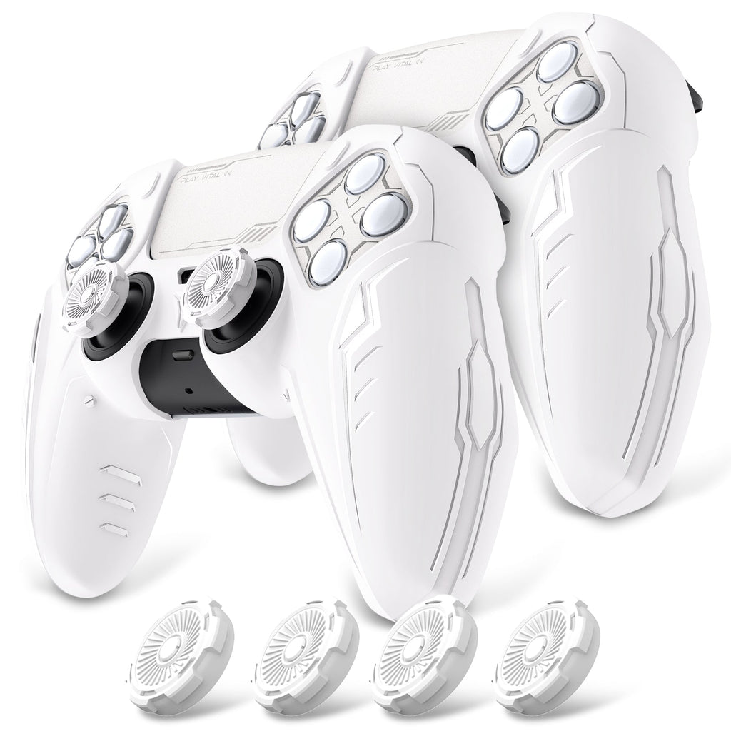PlayVital 2 Set Futuristic CyberMech Design Silicone Case with Thumb Grips for PS5 Wireless Controller, Compatible with PS5 Official Charging Dock - White PlayVital