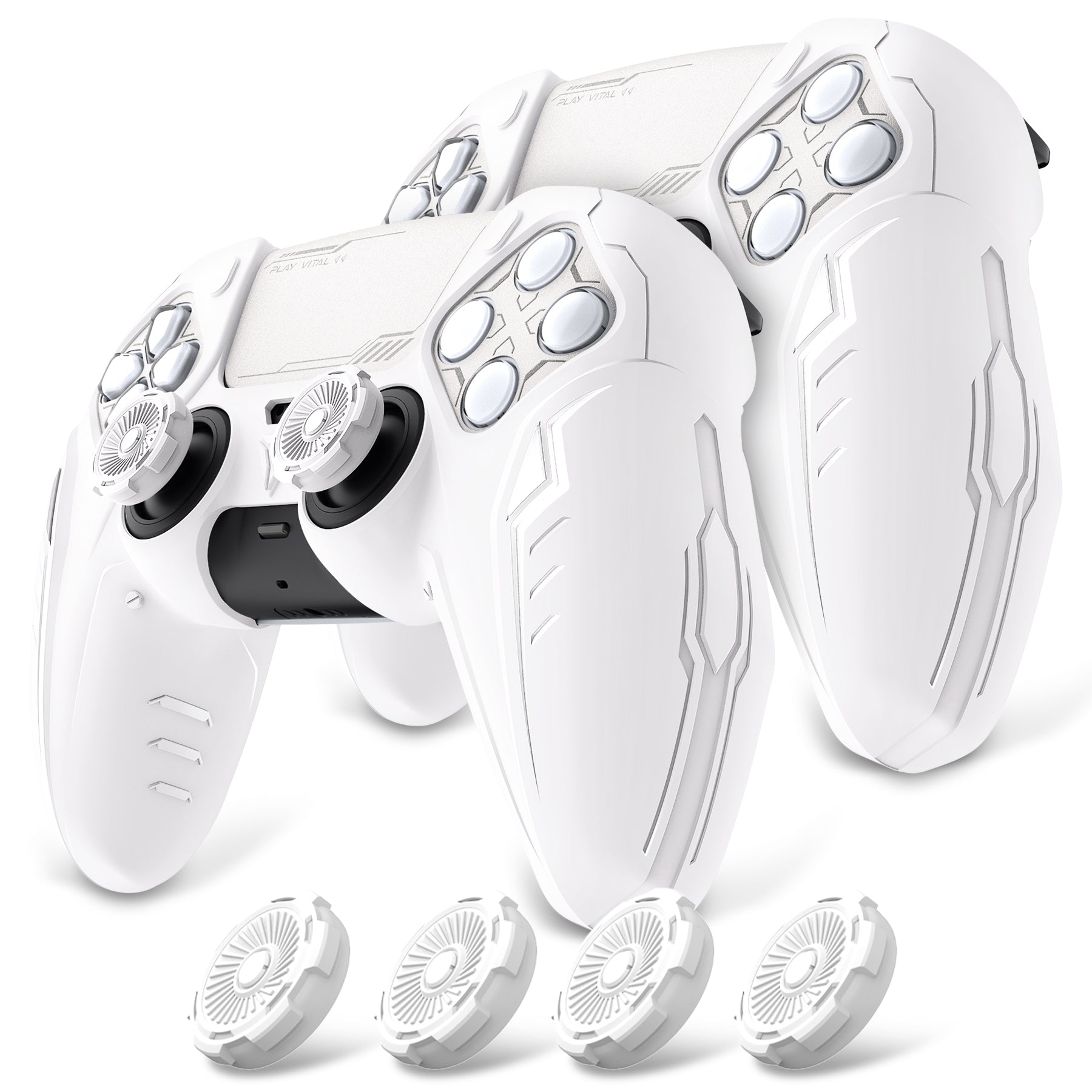 PlayVital 2 Set Futuristic CyberMech Design Silicone Case with Thumb Grips for PS5 Wireless Controller, Compatible with PS5 Official Charging Dock - White PlayVital