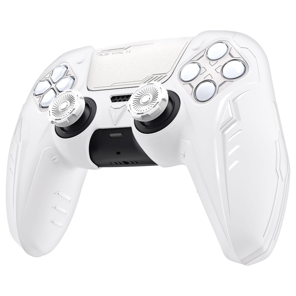 PlayVital 2 Set Futuristic CyberMech Design Silicone Case with Thumb Grips for PS5 Wireless Controller, Compatible with PS5 Official Charging Dock - White PlayVital