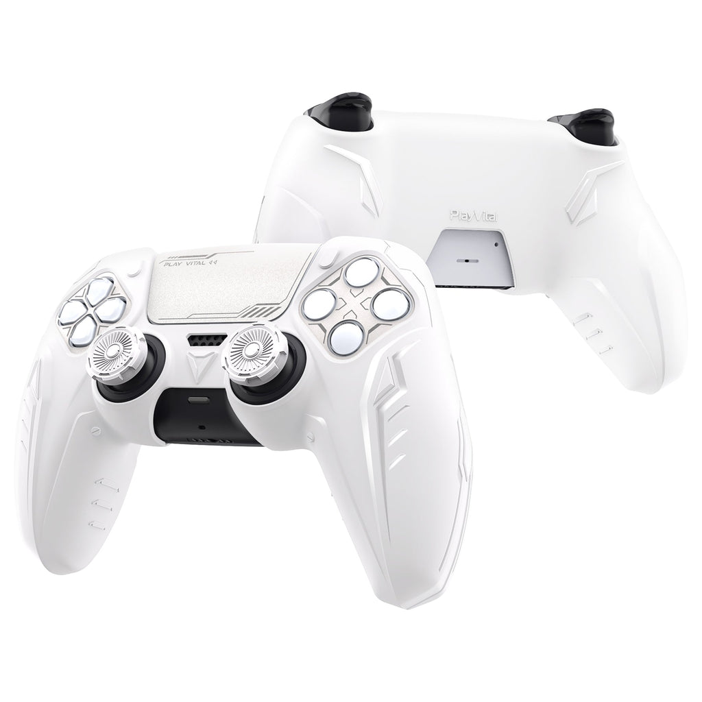 PlayVital 2 Set Futuristic CyberMech Design Silicone Case with Thumb Grips for PS5 Wireless Controller, Compatible with PS5 Official Charging Dock - White PlayVital