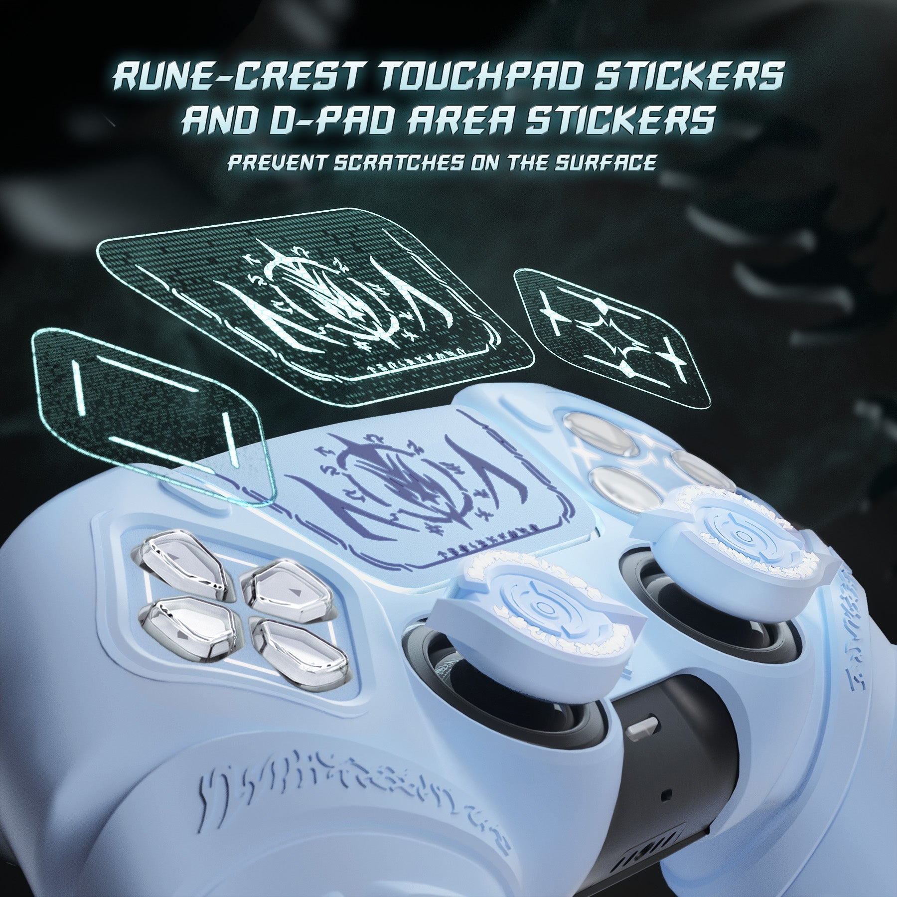 PlayVital 2 Set Runes Edition Silicone Cover Skin for PS5 Controller with Thumb Grips & Touchpad Skin & D-pad Area Sticker, Compatible with PS5 Charging Dock - Blue PlayVital