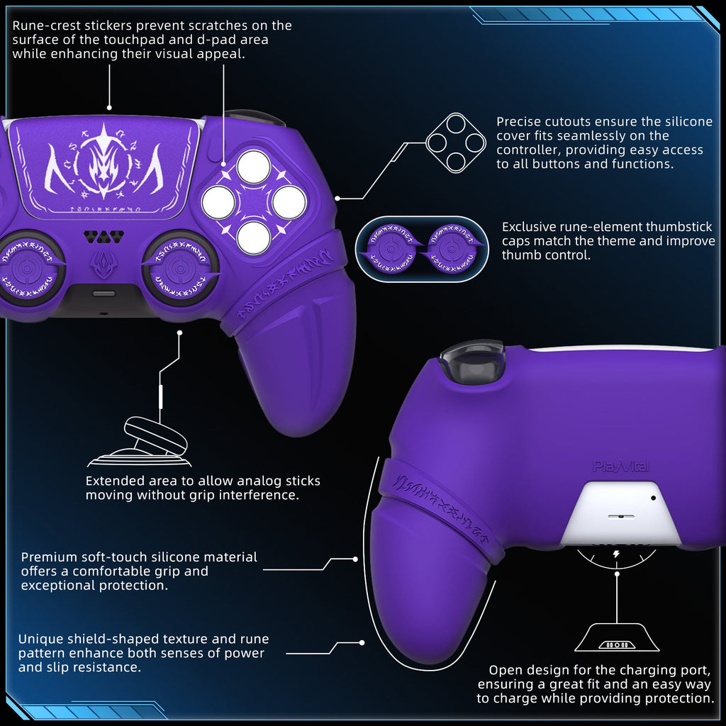 PlayVital 2 Set Runes Edition Silicone Cover Skin for PS5 Controller with Thumb Grips & Touchpad Skin & D-pad Area Sticker, Compatible with PS5 Charging Dock - Purple PlayVital