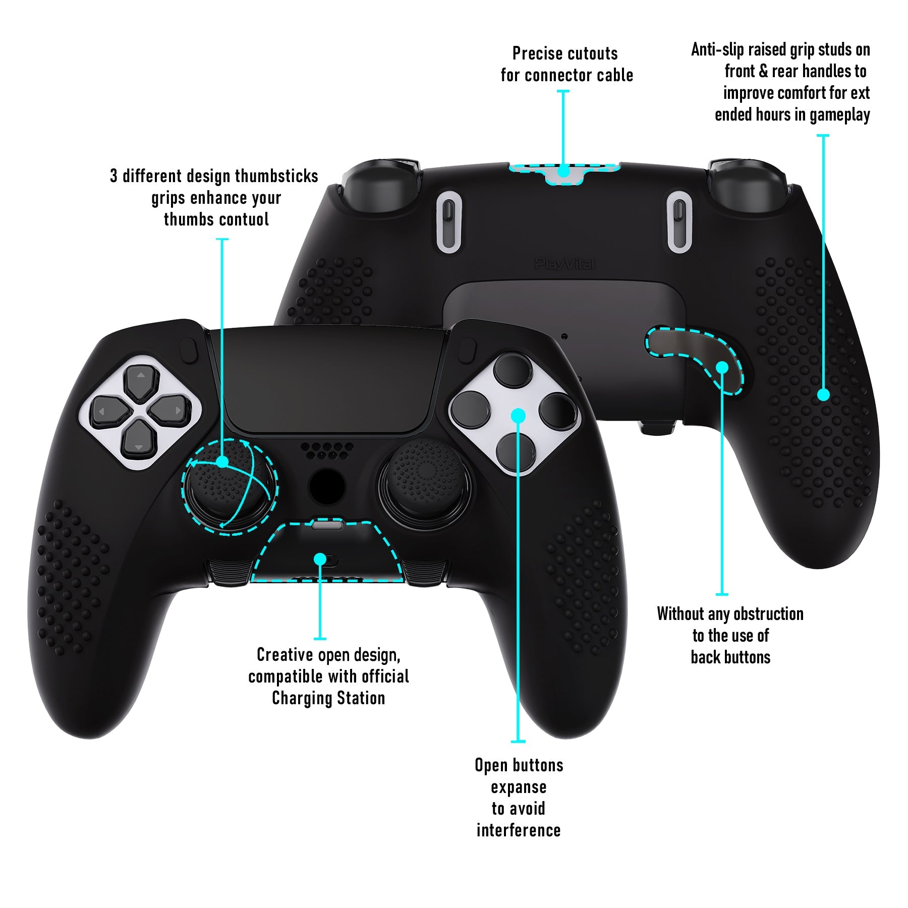 PlayVital 3D Studded Edition Anti-Slip Silicone Cover Case with Thumb Grip Caps for PS5 Edge Controller - Black PlayVital