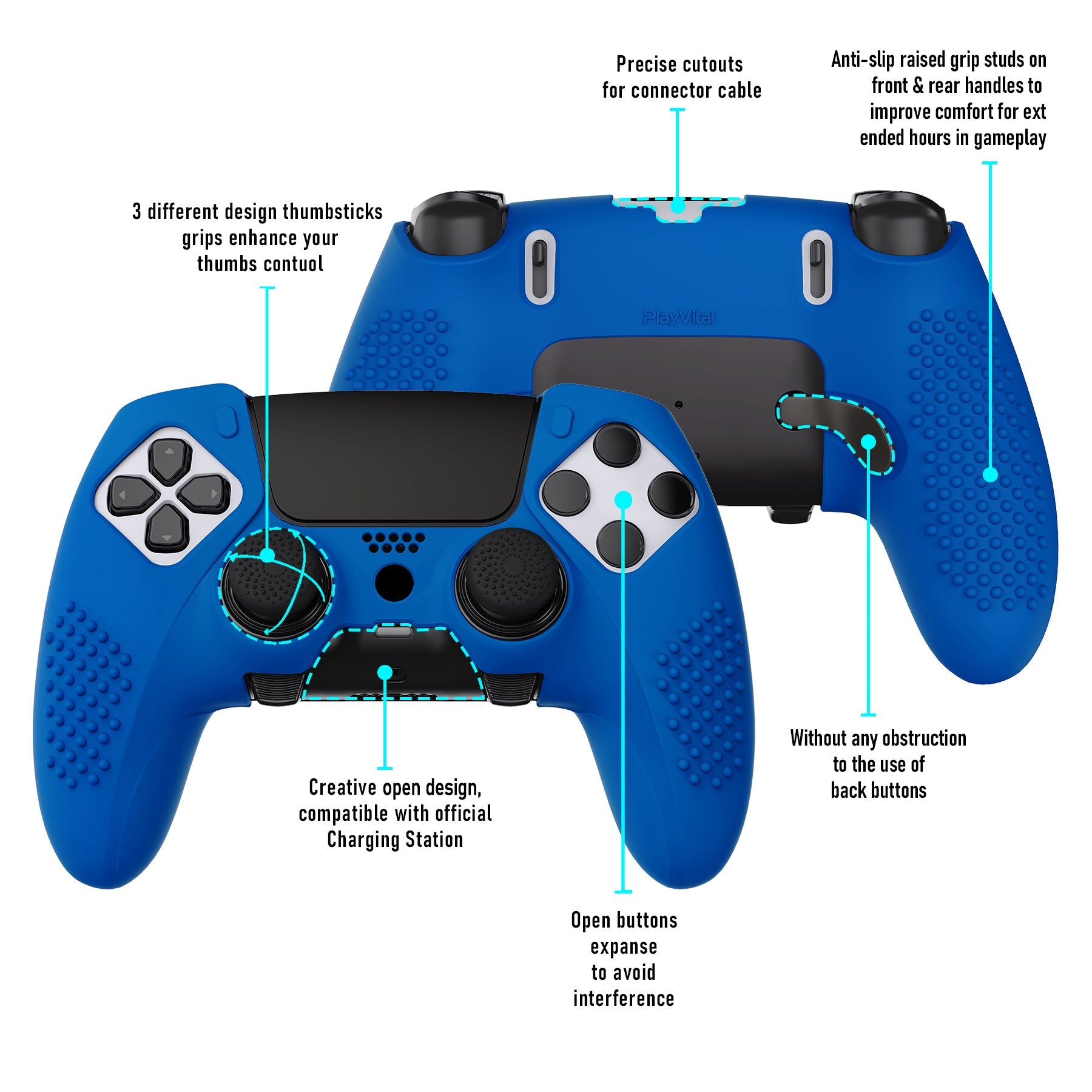 PlayVital 3D Studded Edition Anti-Slip Silicone Cover Case with Thumb Grip Caps for PS5 Edge Controller - Blue PlayVital