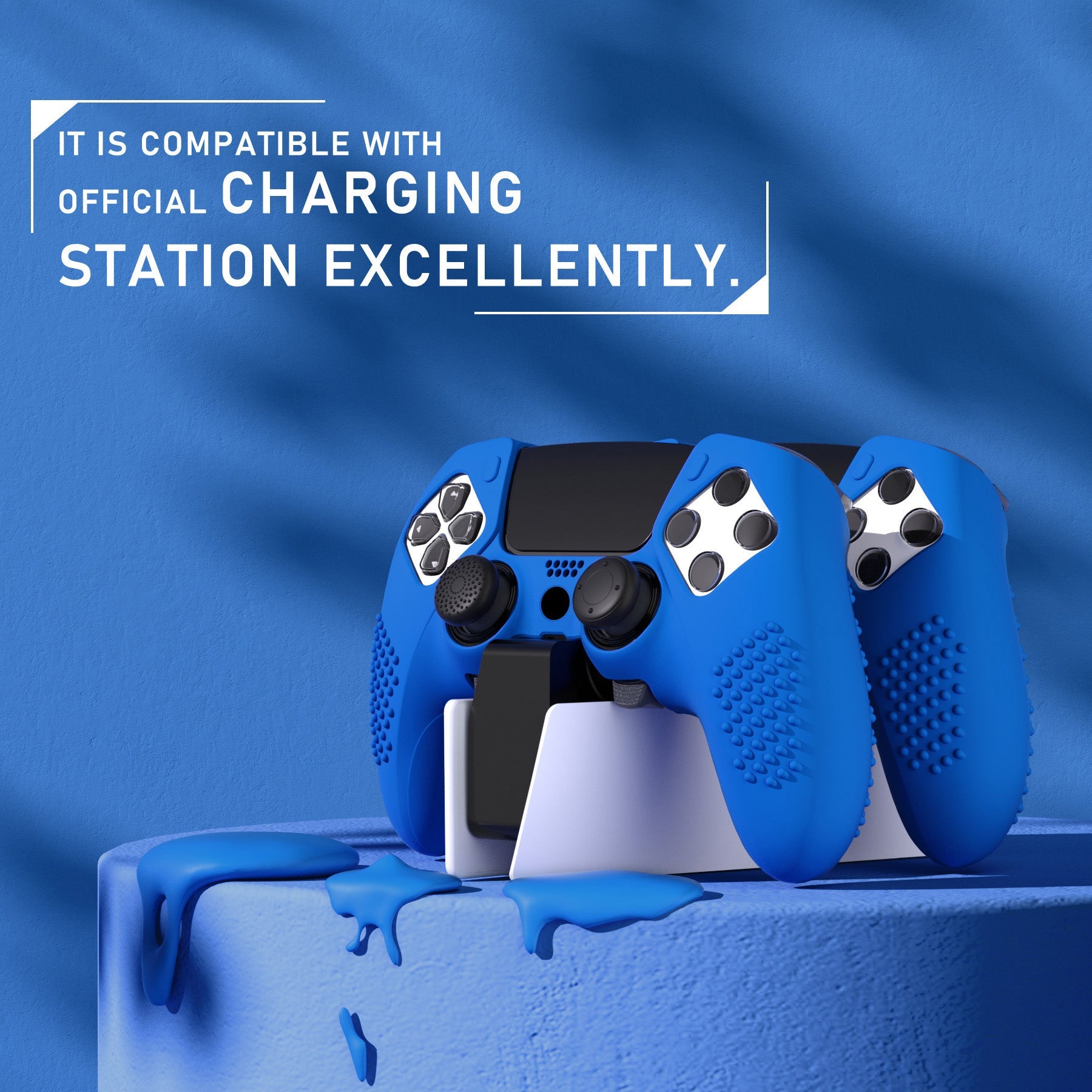 PlayVital 3D Studded Edition Anti-Slip Silicone Cover Case with Thumb Grip Caps for PS5 Edge Controller - Blue PlayVital
