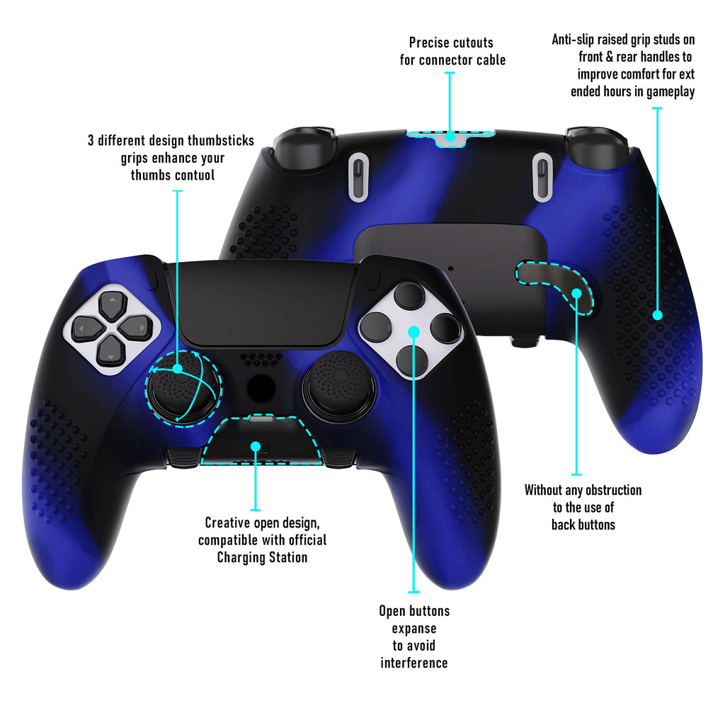 PlayVital 3D Studded Edition Anti-Slip Silicone Cover Case with Thumb Grip Caps for PS5 Edge Controller - Blue & Black PlayVital