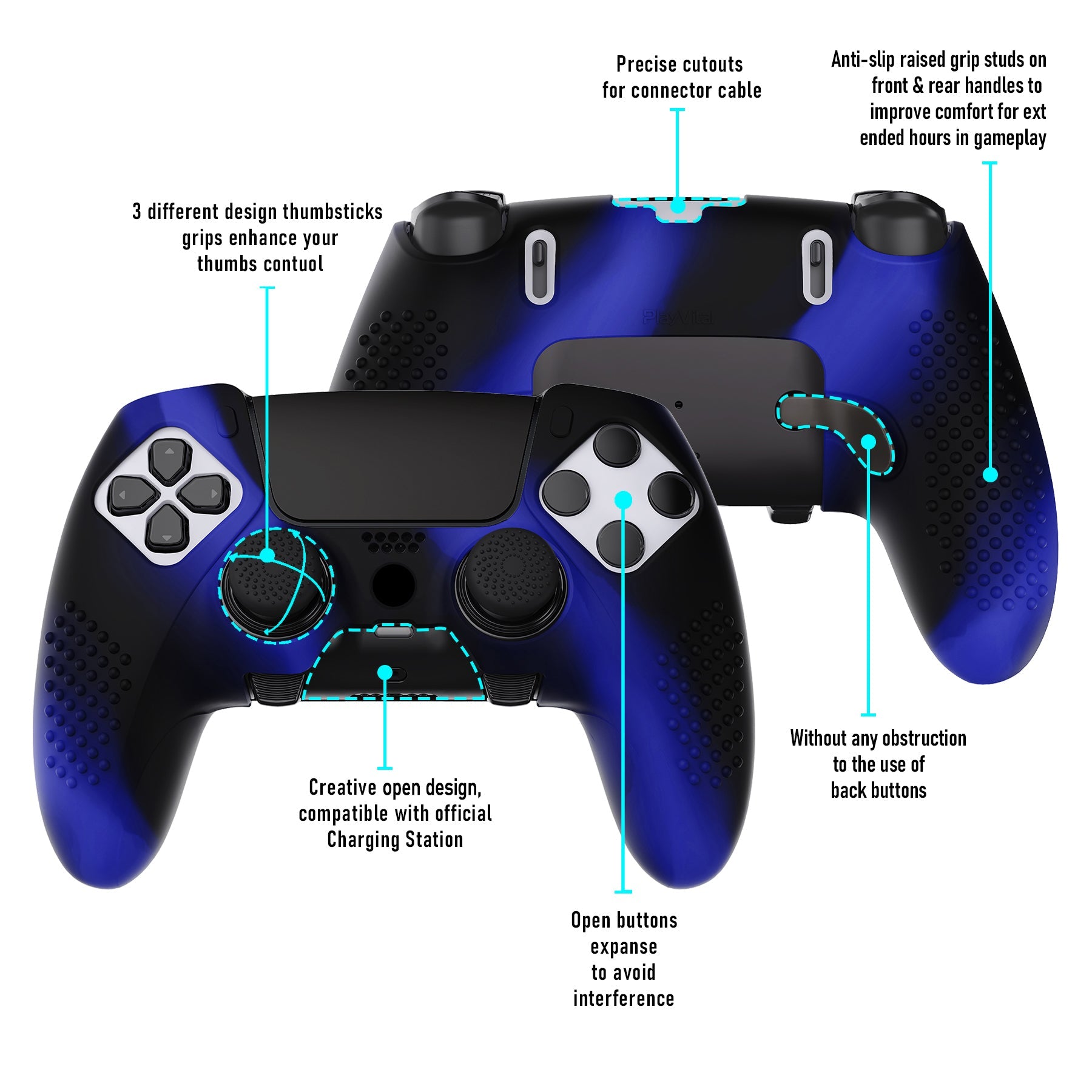 PlayVital 3D Studded Edition Anti-Slip Silicone Cover Case with Thumb Grip Caps for PS5 Edge Controller - Blue & Black PlayVital