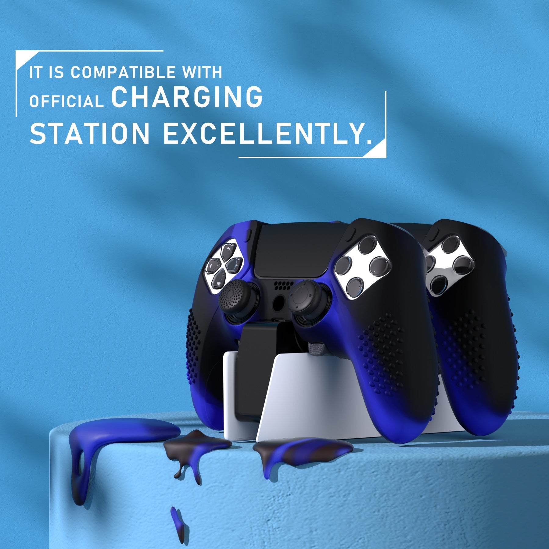 PlayVital 3D Studded Edition Anti-Slip Silicone Cover Case with Thumb Grip Caps for PS5 Edge Controller - Blue & Black PlayVital