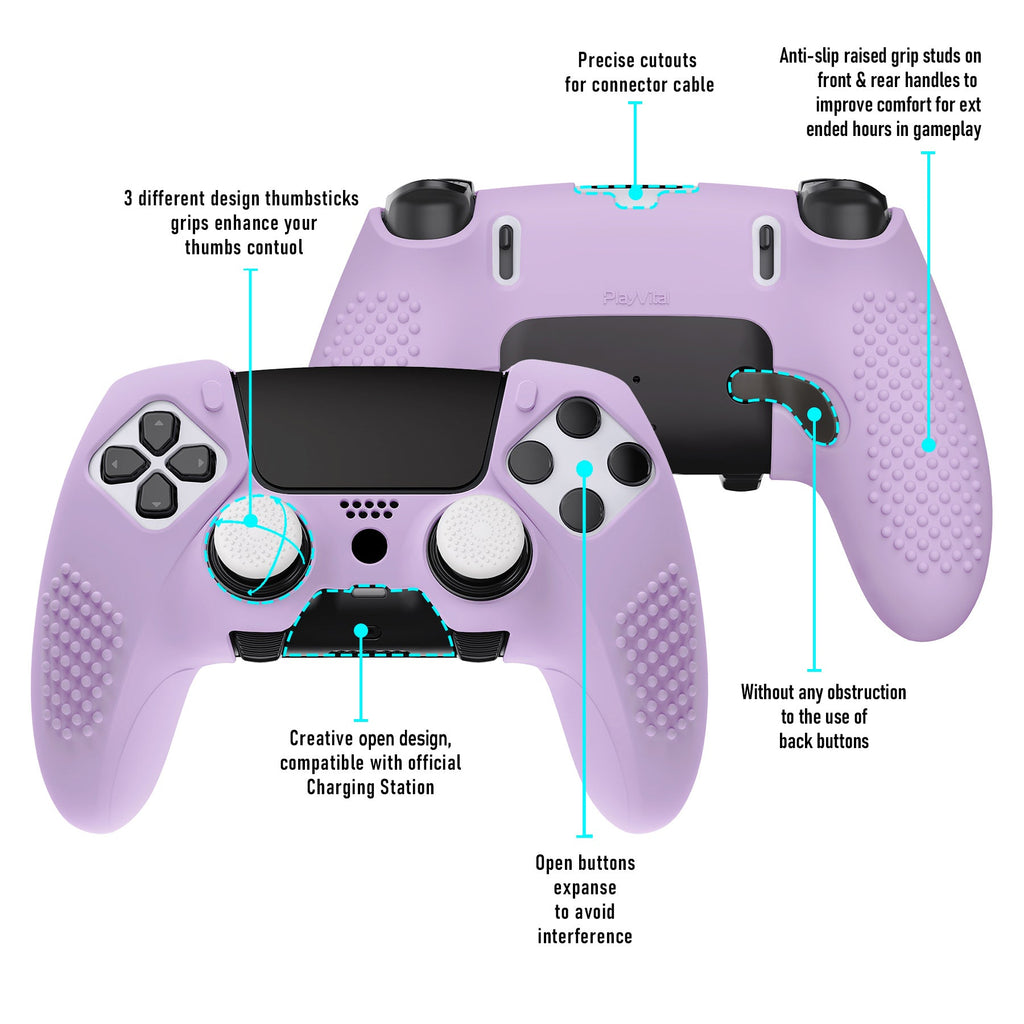 PlayVital 3D Studded Edition Anti-Slip Silicone Cover Case with Thumb Grip Caps for PS5 Edge Controller - Mauve Purple PlayVital