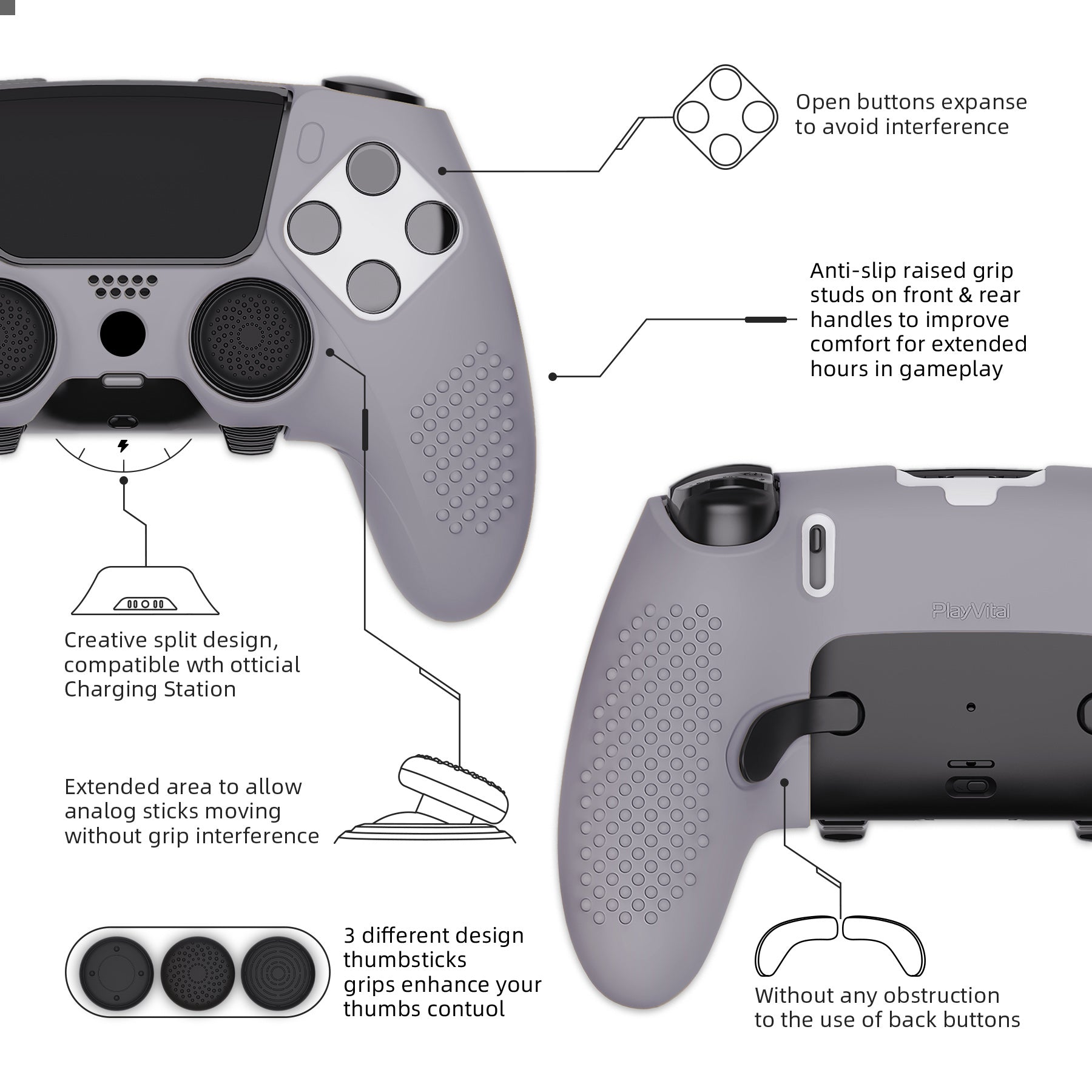 PlayVital 3D Studded Edition Anti-Slip Silicone Cover Case with Thumb Grip Caps for PS5 Edge Controller - Metallic Gray PlayVital