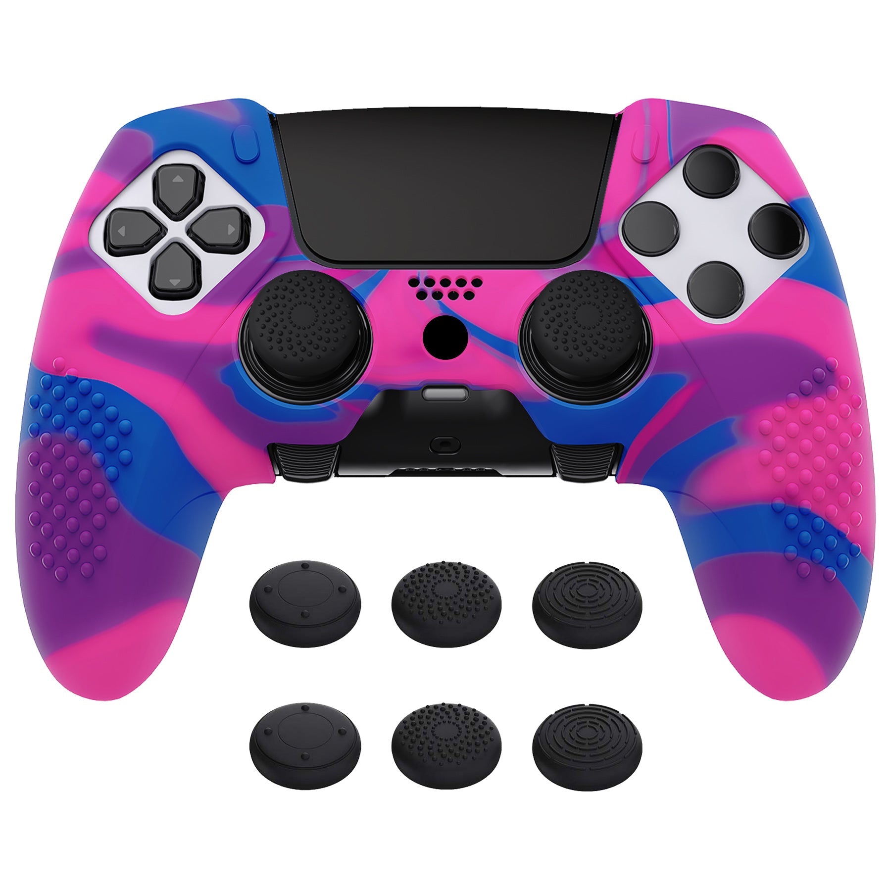 PlayVital 3D Studded Edition Anti-Slip Silicone Cover Case with Thumb Grip Caps for PS5 Edge Controller - Pink & Purple & Blue PlayVital