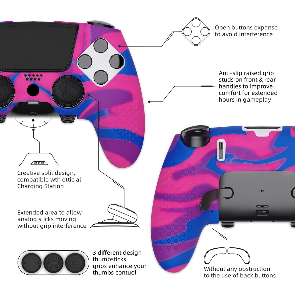 PlayVital 3D Studded Edition Anti-Slip Silicone Cover Case with Thumb Grip Caps for PS5 Edge Controller - Pink & Purple & Blue PlayVital