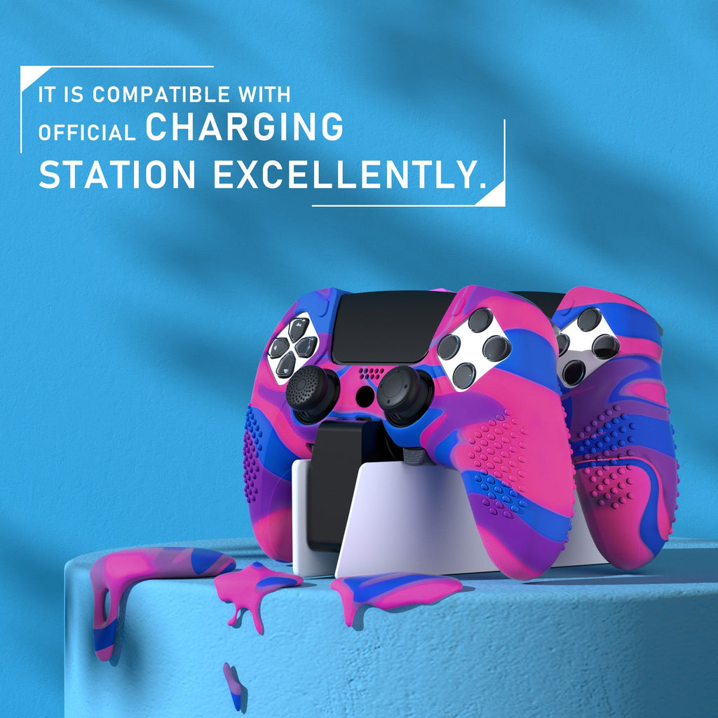 PlayVital 3D Studded Edition Anti-Slip Silicone Cover Case with Thumb Grip Caps for PS5 Edge Controller - Pink & Purple & Blue PlayVital