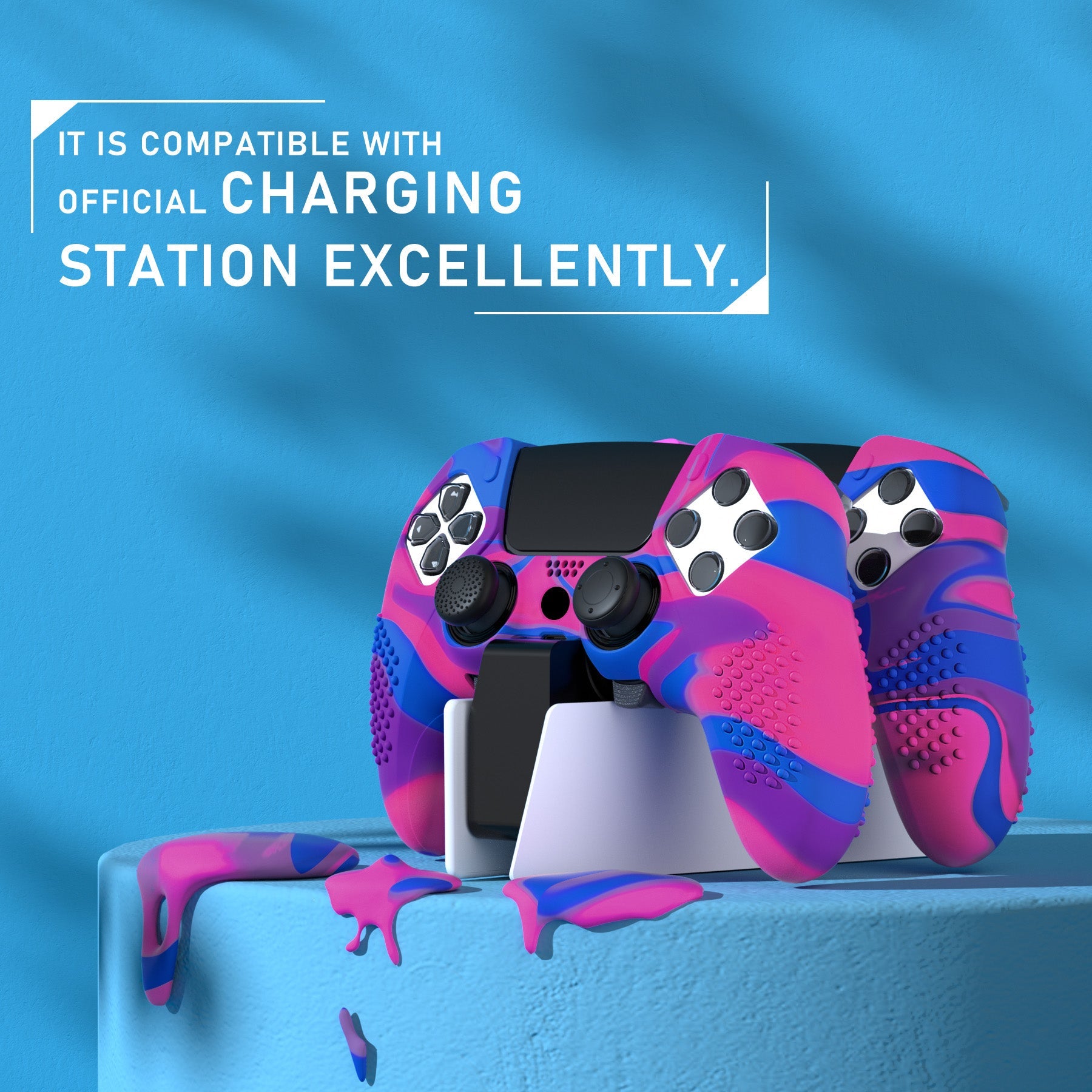 PlayVital 3D Studded Edition Anti-Slip Silicone Cover Case with Thumb Grip Caps for PS5 Edge Controller - Pink & Purple & Blue PlayVital