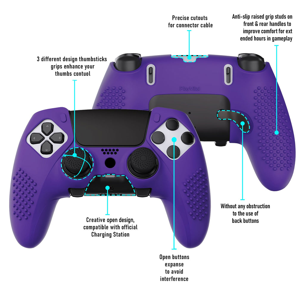 PlayVital 3D Studded Edition Anti-Slip Silicone Cover Case with Thumb Grip Caps for PS5 Edge Controller - Purple PlayVital