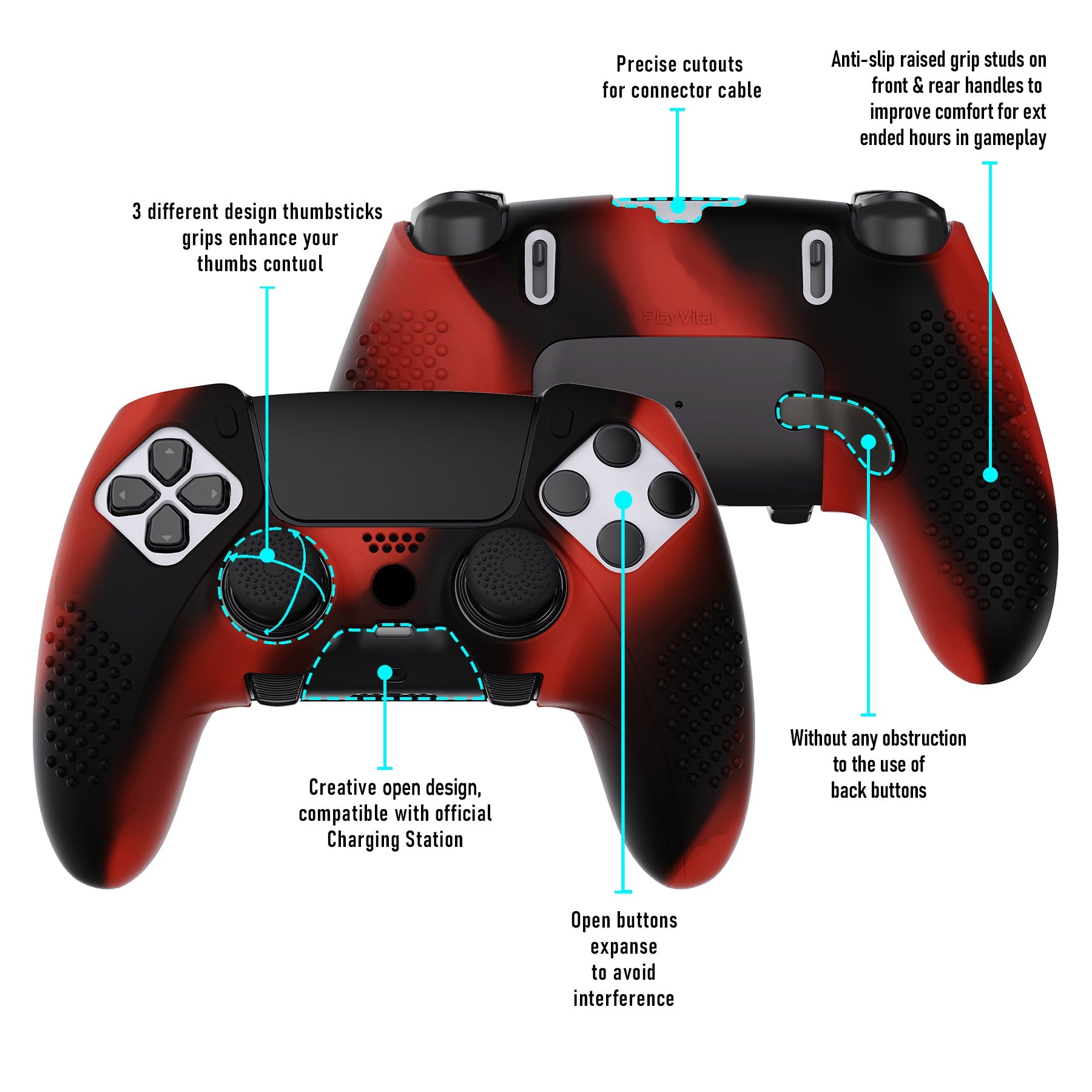 PlayVital 3D Studded Edition Anti-Slip Silicone Cover Case with Thumb Grip Caps for PS5 Edge Controller - Red & Black PlayVital